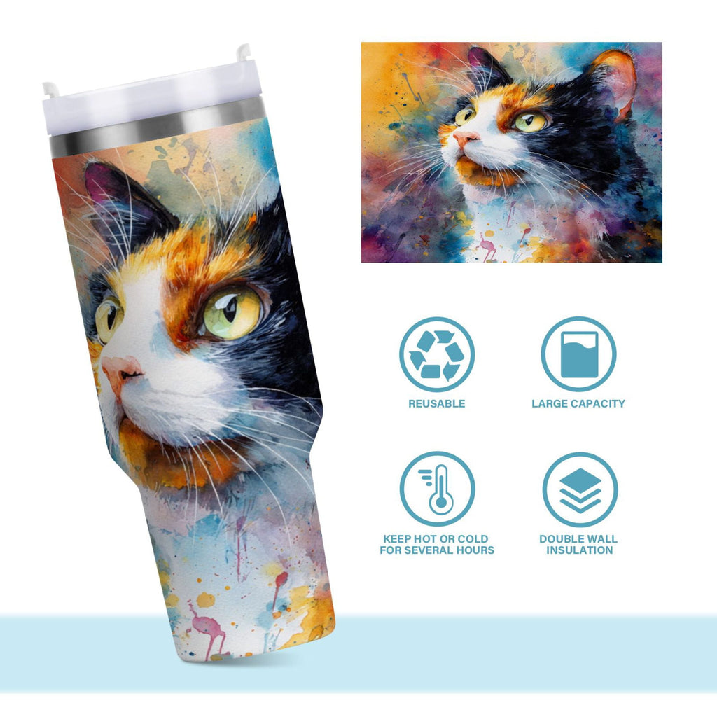 30 oz Insulated Stainless Steel Tumbler Double Wall Stainless Steel Tumbler with 2-Way Drinking Watercolor Calico Cat - Pick 988