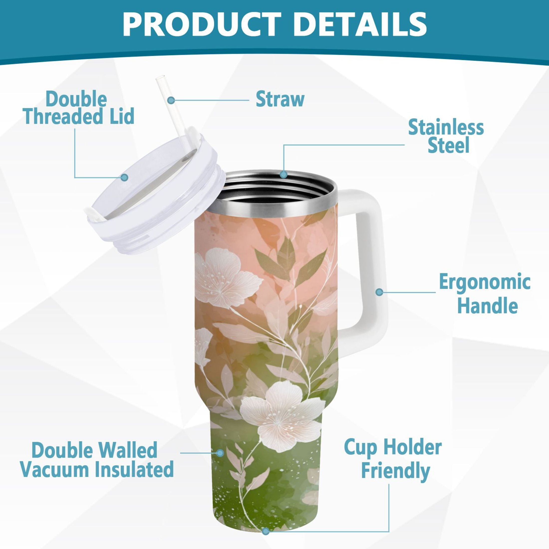 30 oz Insulated Stainless Steel Tumbler Double Wall Stainless Steel Tumbler with 2-Way Drinking Gradient Elegant Floral - Pick 147