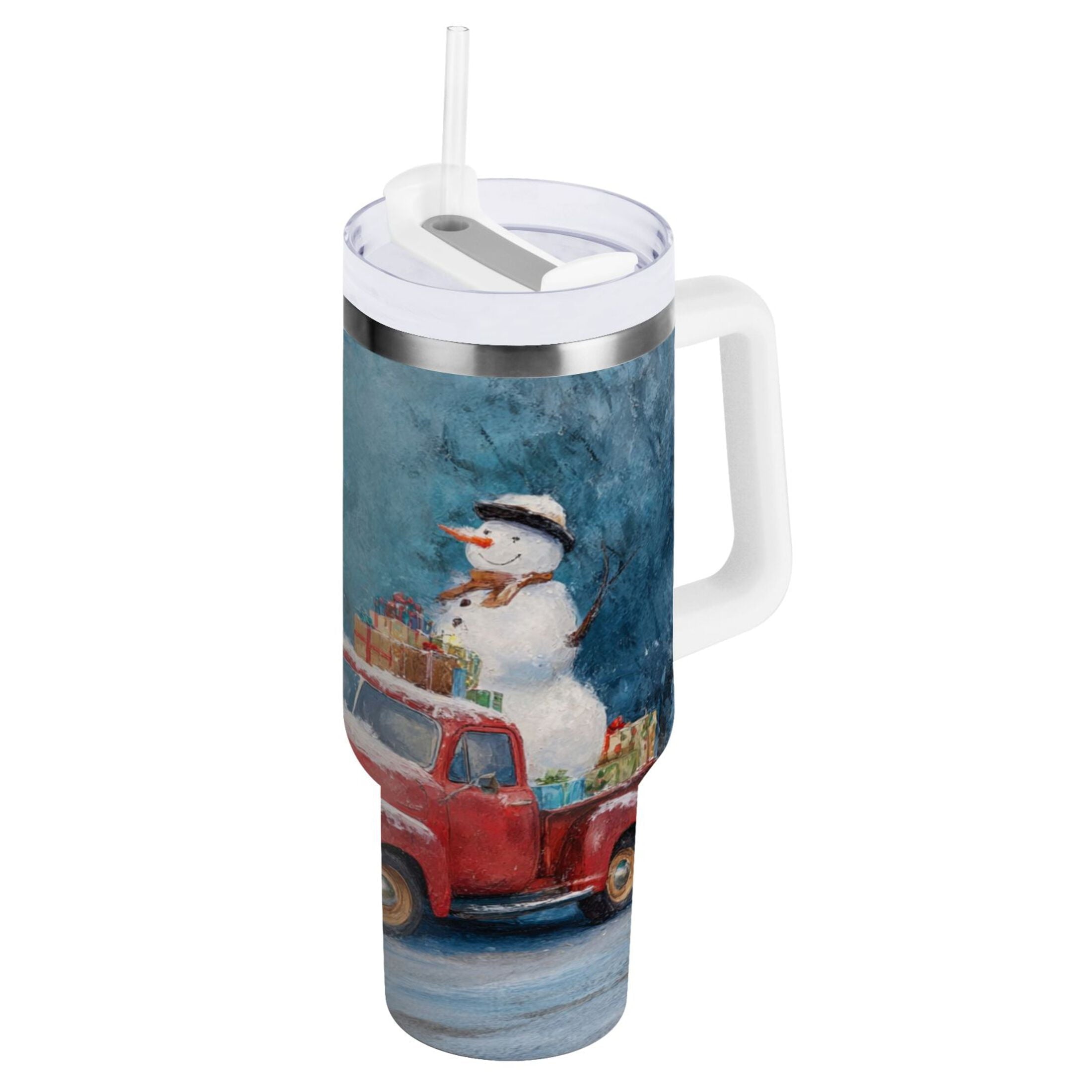 40 oz Insulated Stainless Steel Tumbler Double Wall Stainless Steel Tumbler with 2-Way Drinking Christmas Snowman in A Red Truck - Pick 328