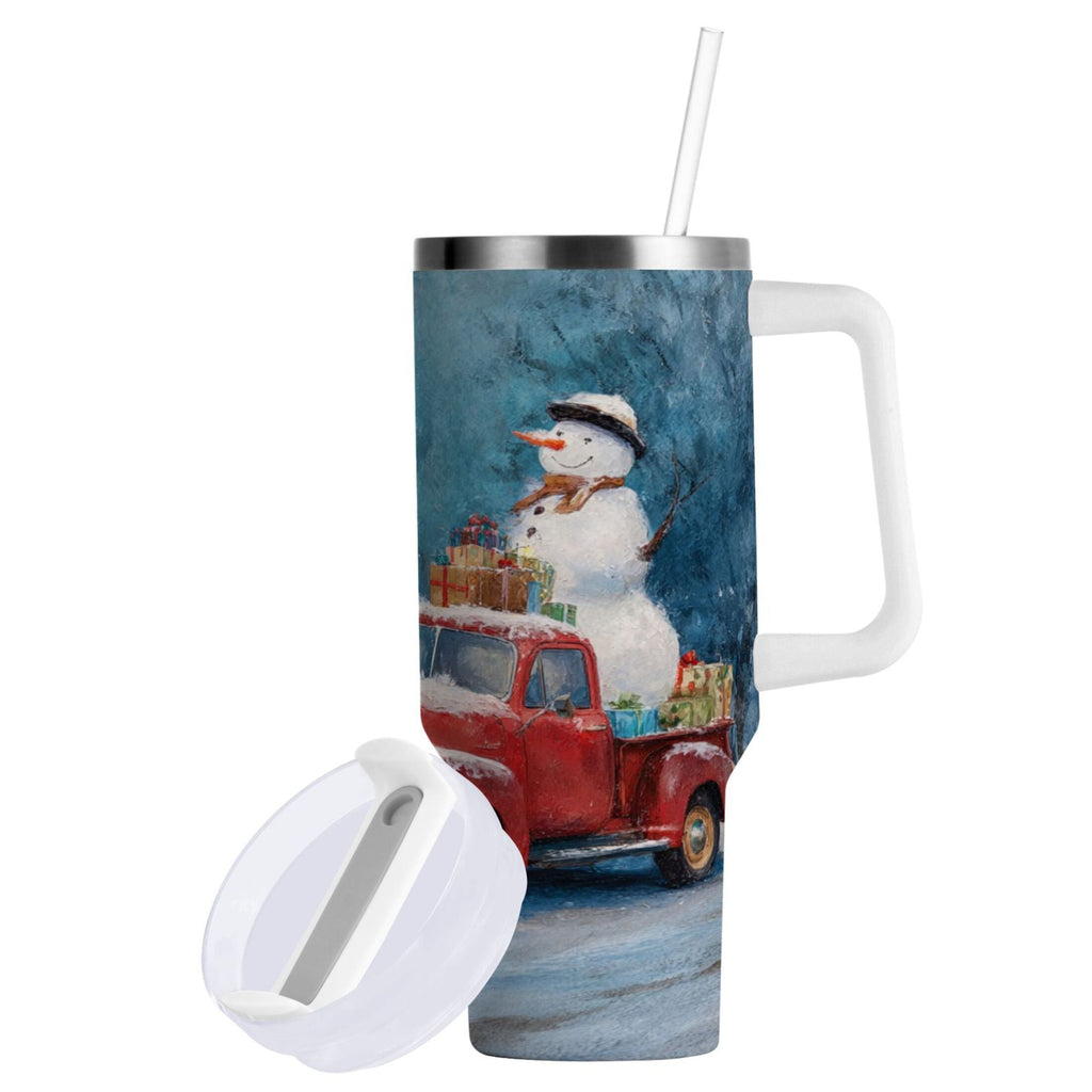 40 oz Insulated Stainless Steel Tumbler Double Wall Stainless Steel Tumbler with 2-Way Drinking Christmas Snowman in A Red Truck - Pick 328
