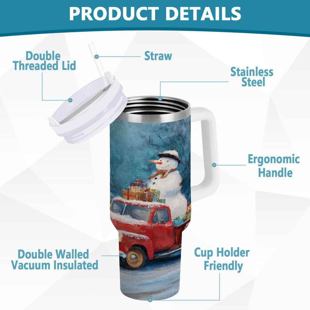 40 oz Insulated Stainless Steel Tumbler Double Wall Stainless Steel Tumbler with 2-Way Drinking Christmas Snowman in A Red Truck - Pick 328