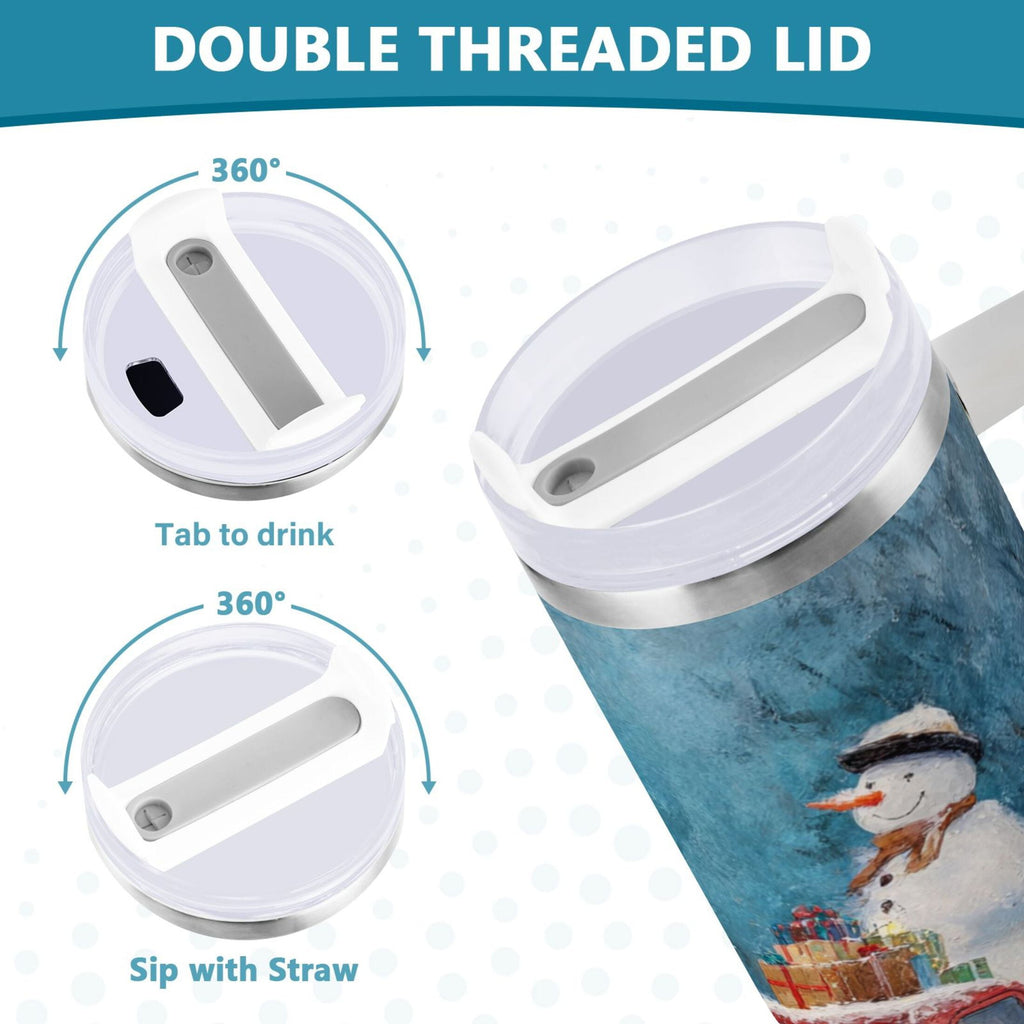40 oz Insulated Stainless Steel Tumbler Double Wall Stainless Steel Tumbler with 2-Way Drinking Christmas Snowman in A Red Truck - Pick 328