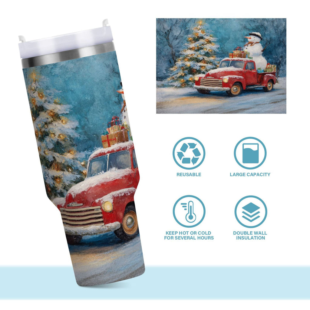 40 oz Insulated Stainless Steel Tumbler Double Wall Stainless Steel Tumbler with 2-Way Drinking Christmas Snowman in A Red Truck - Pick 328