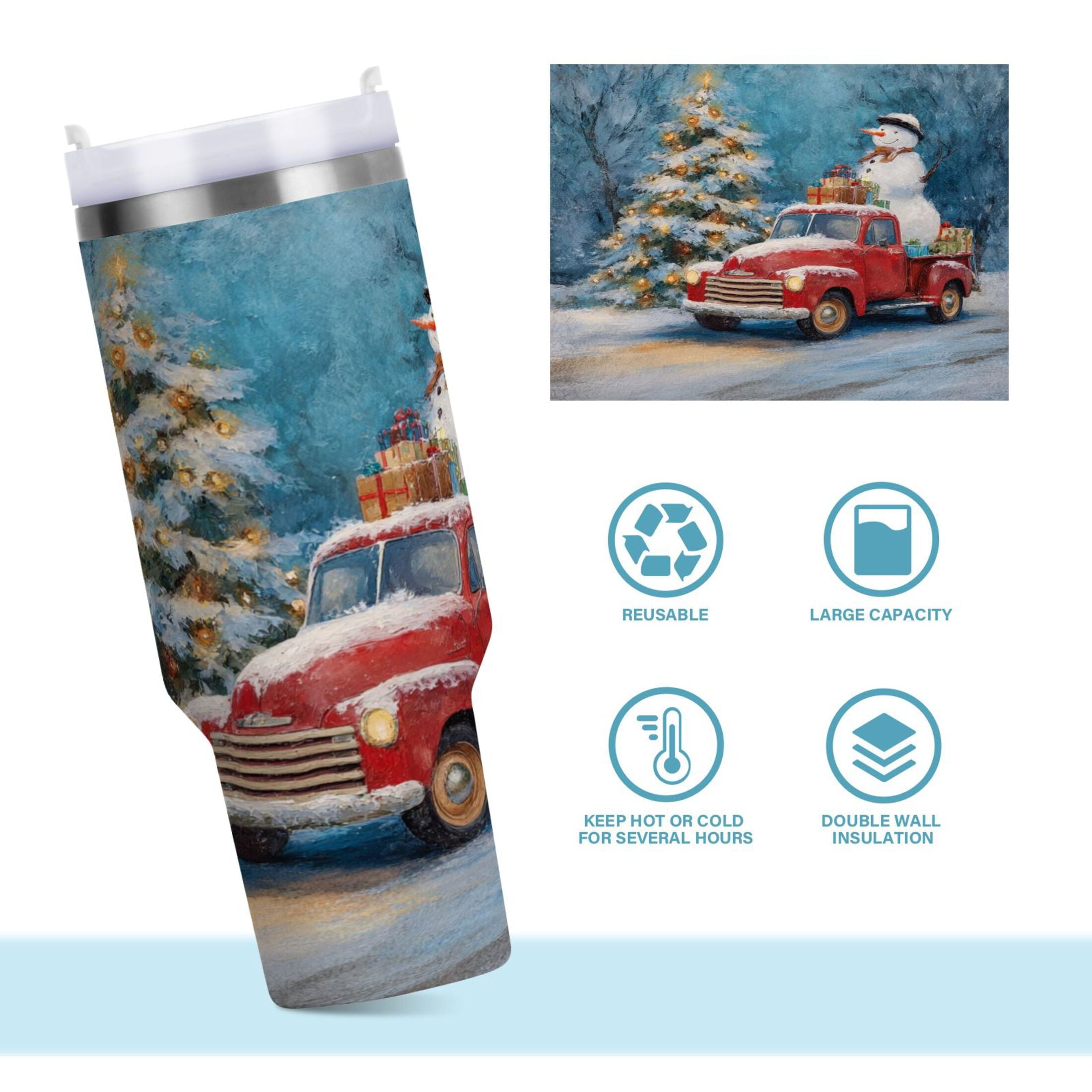 40 oz Insulated Stainless Steel Tumbler Double Wall Stainless Steel Tumbler with 2-Way Drinking Christmas Snowman in A Red Truck - Pick 328