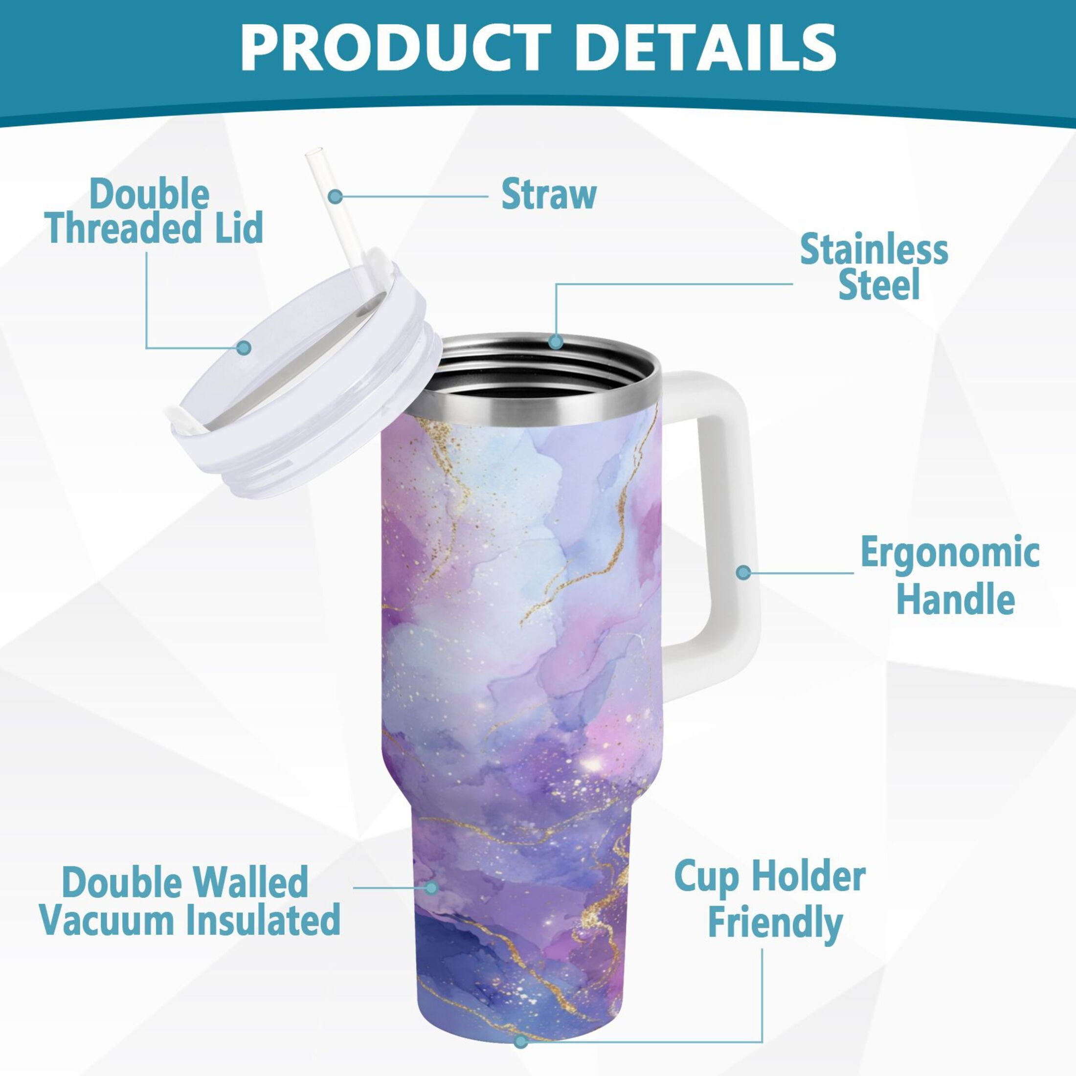 40 oz Insulated Stainless Steel Tumbler Double Wall Stainless Steel Tumbler with 2-Way Drinking Pink and Blue Marble Texture - Pick 536