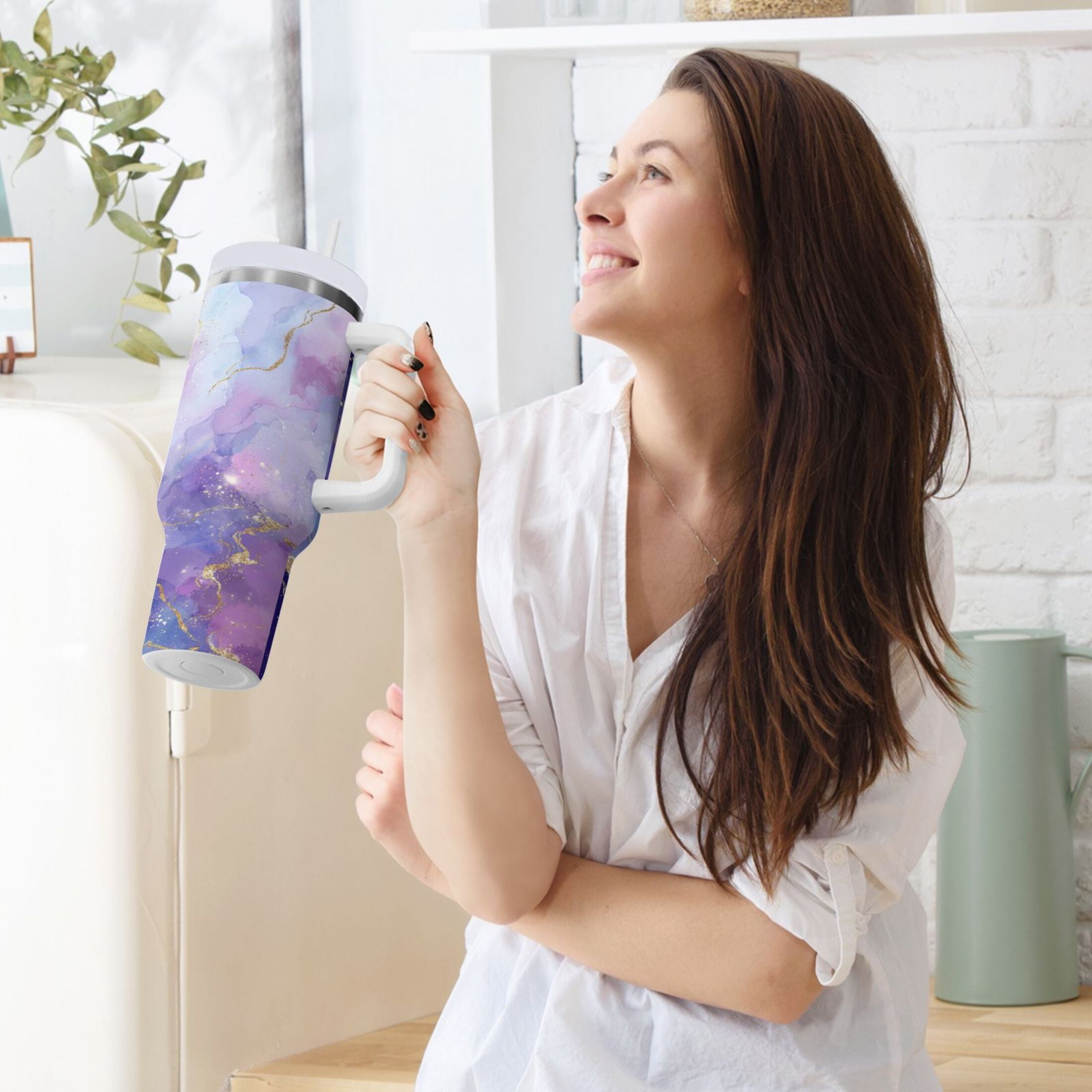40 oz Insulated Stainless Steel Tumbler Double Wall Stainless Steel Tumbler with 2-Way Drinking Pink and Blue Marble Texture - Pick 536