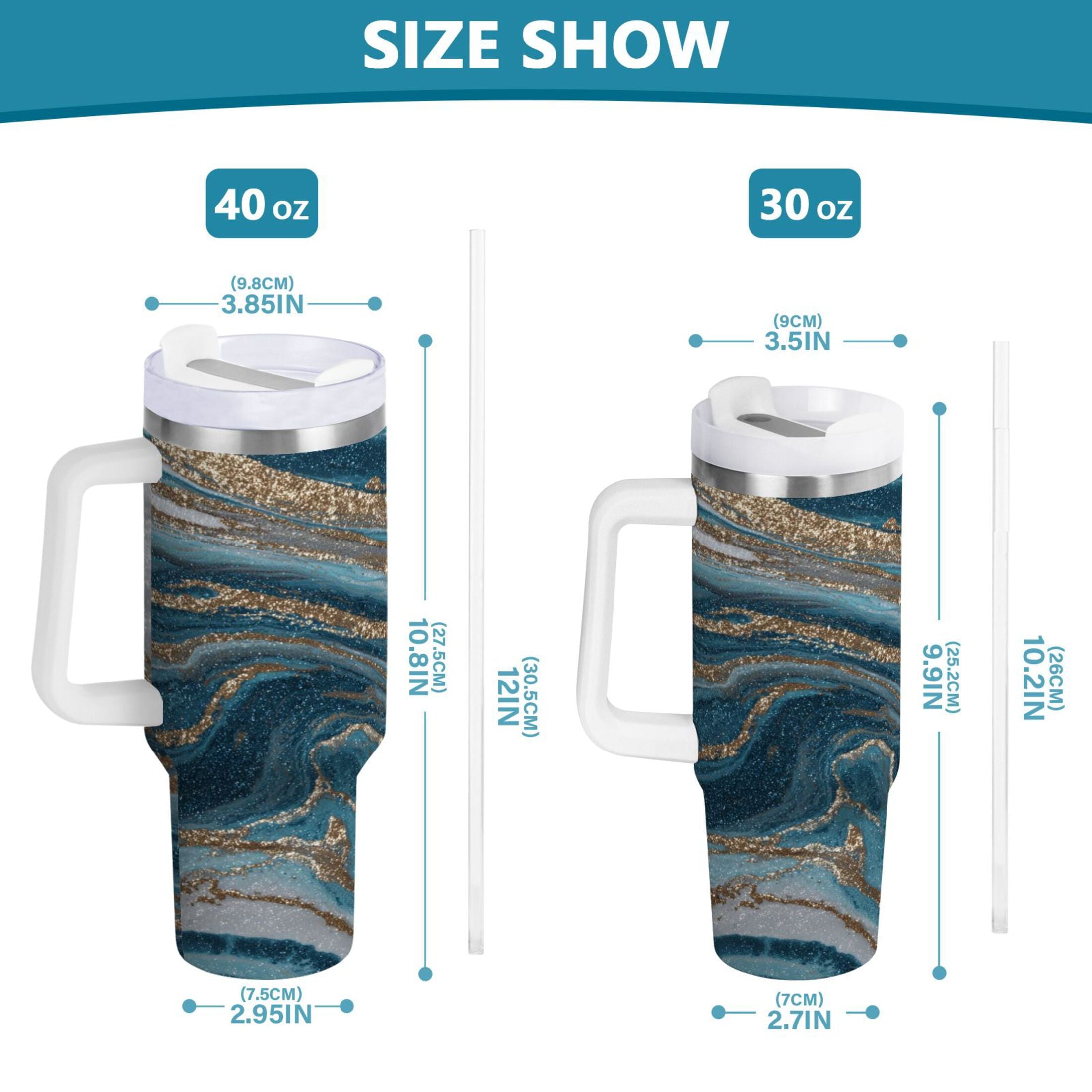 30 oz Insulated Stainless Steel Tumbler Double Wall Stainless Steel Tumbler with 2-Way Drinking Blue and Gold Swirling - Pick 496