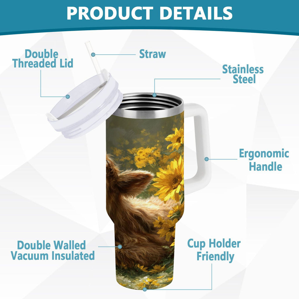 40 oz Insulated Stainless Steel Tumbler Double Wall Stainless Steel Tumbler with 2-Way Drinking Cow Lying in Sunflowers - Pick 435