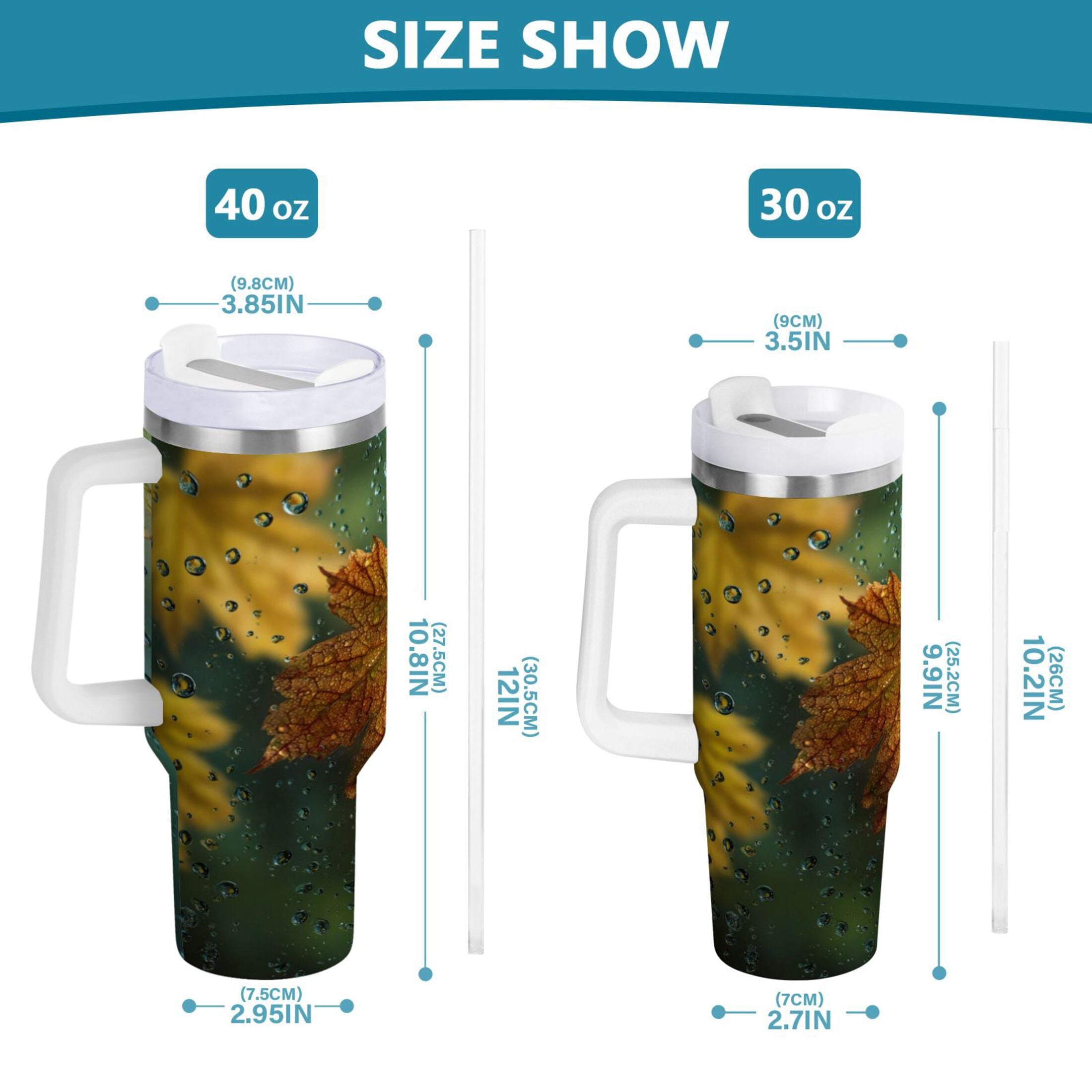 30 oz Insulated Stainless Steel Tumbler Double Wall Stainless Steel Tumbler with 2-Way Drinking Leaves with Water Droplets - Pick 915