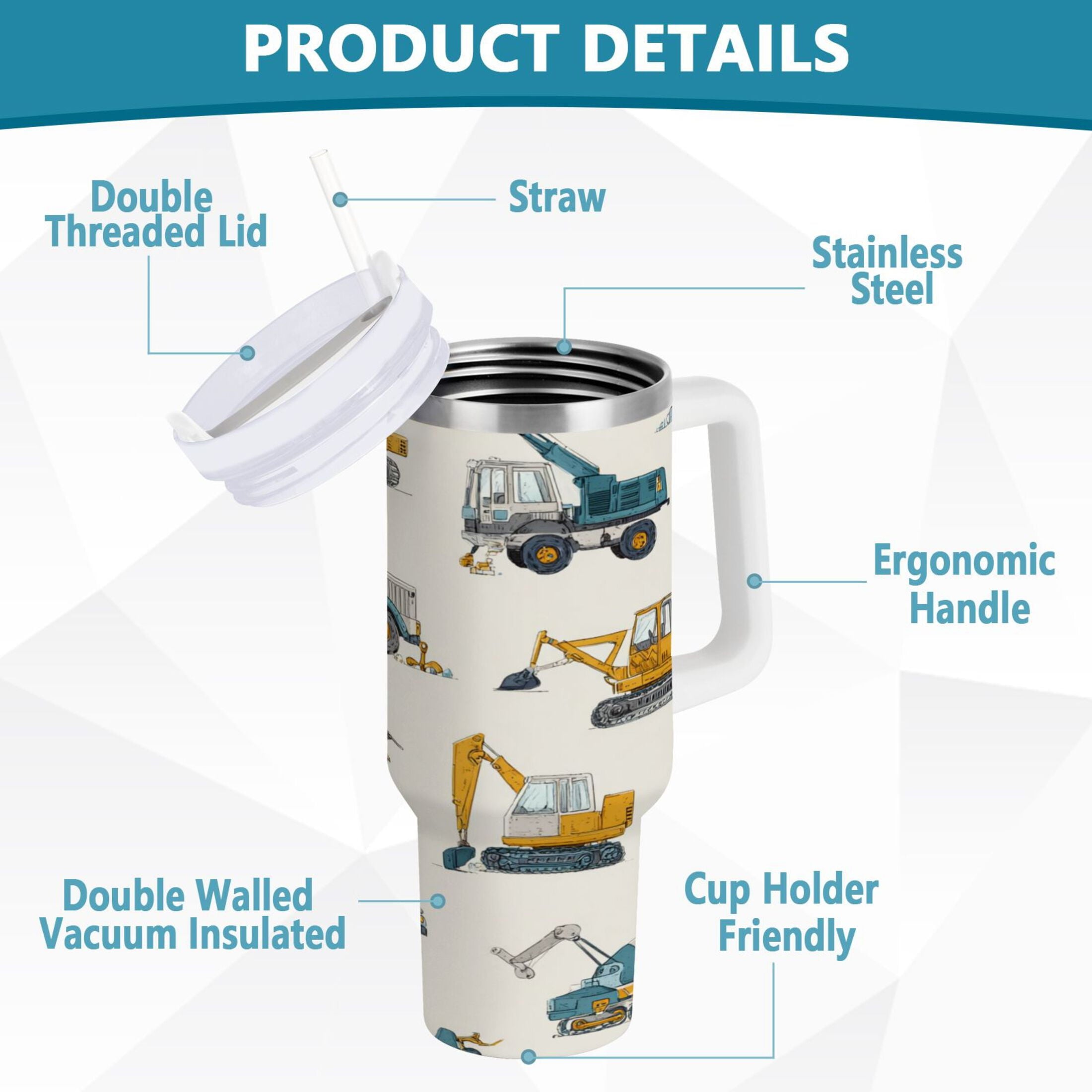 30 oz Insulated Stainless Steel Tumbler Double Wall Stainless Steel Tumbler with 2-Way Drinking Engineering Vehicle Pattern - Pick 402