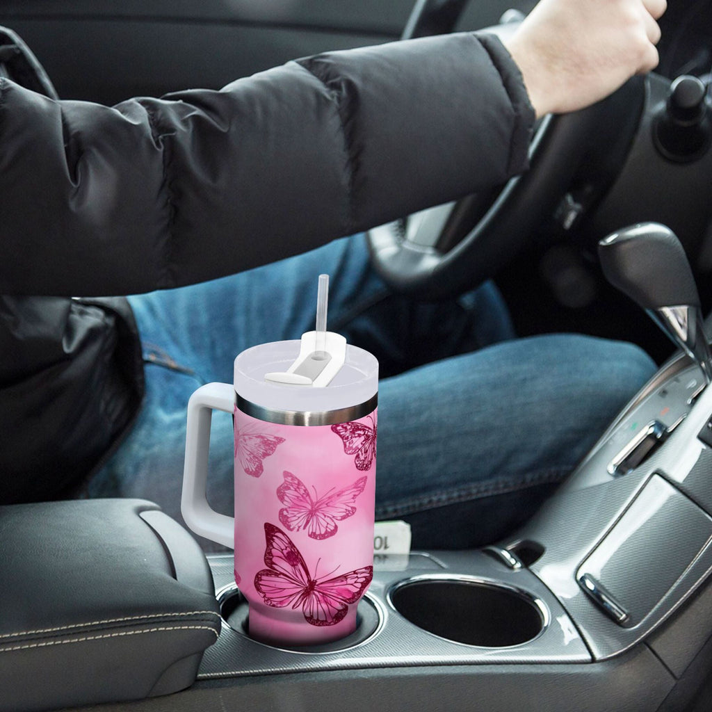 40 oz Insulated Stainless Steel Tumbler Double Wall Stainless Steel Tumbler with 2-Way Drinking Pink Butterfly Pattern - Pick 741