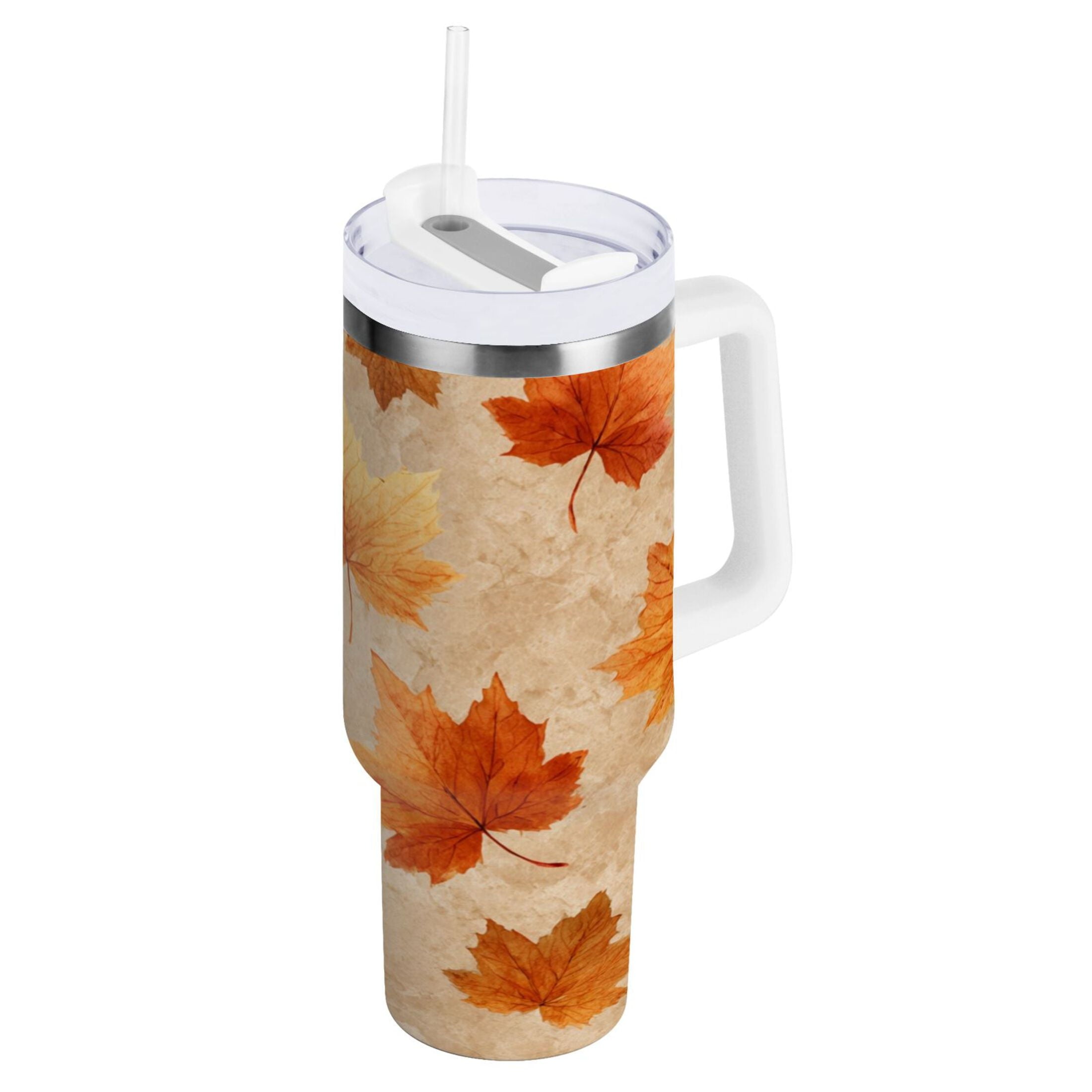 40 oz Insulated Stainless Steel Tumbler Double Wall Stainless Steel Tumbler with 2-Way Drinking Orange Autumn Leaves Pattern - Pick 734