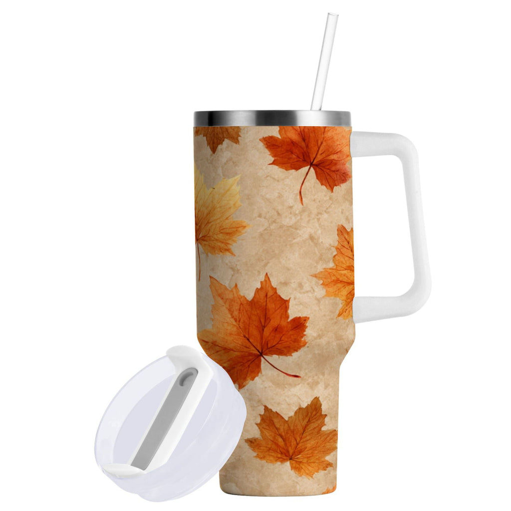 40 oz Insulated Stainless Steel Tumbler Double Wall Stainless Steel Tumbler with 2-Way Drinking Orange Autumn Leaves Pattern - Pick 734