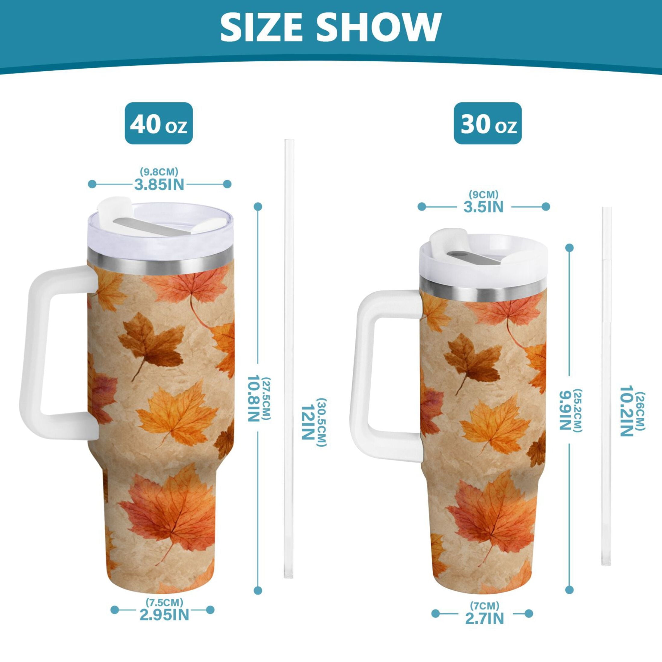 40 oz Insulated Stainless Steel Tumbler Double Wall Stainless Steel Tumbler with 2-Way Drinking Orange Autumn Leaves Pattern - Pick 734