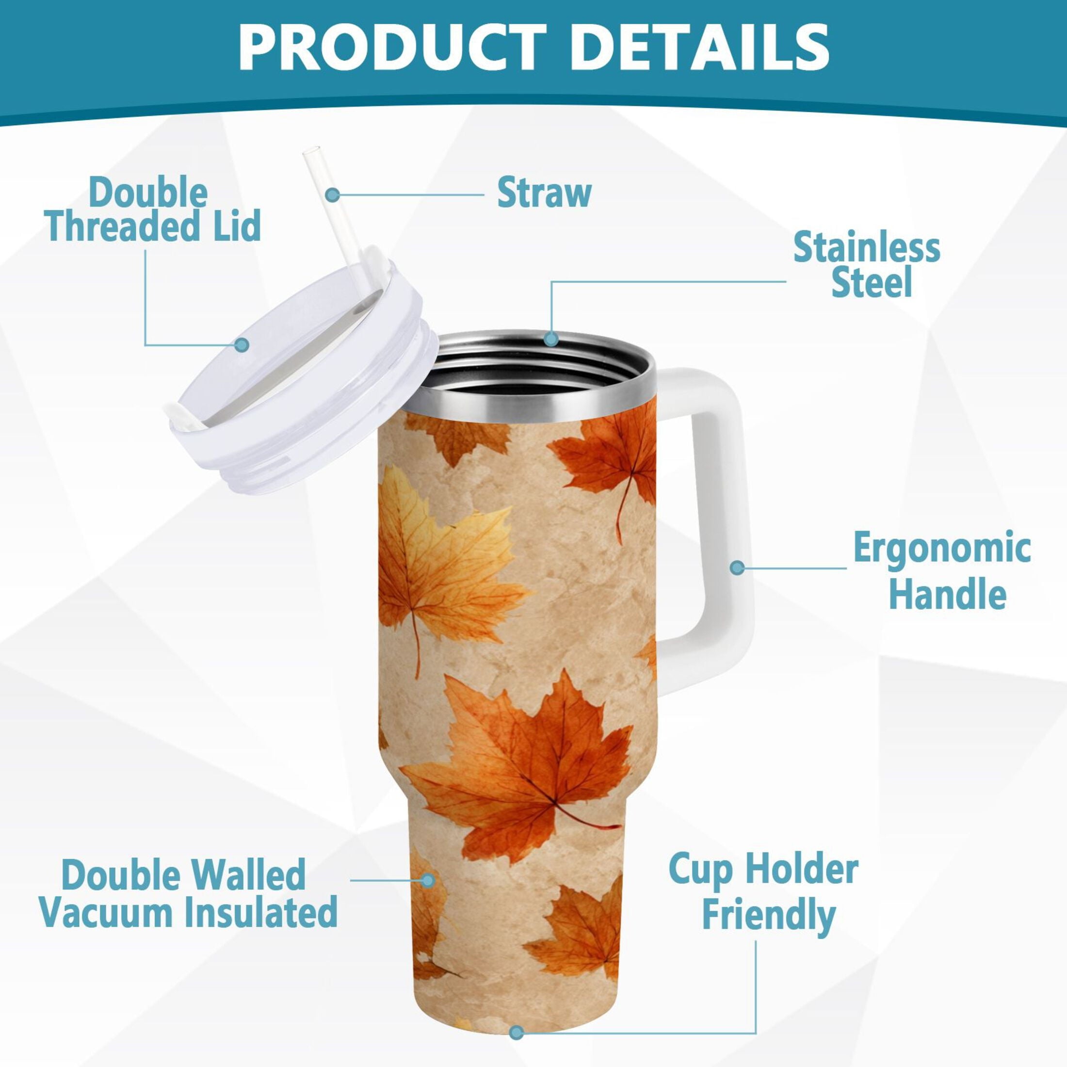 40 oz Insulated Stainless Steel Tumbler Double Wall Stainless Steel Tumbler with 2-Way Drinking Orange Autumn Leaves Pattern - Pick 734