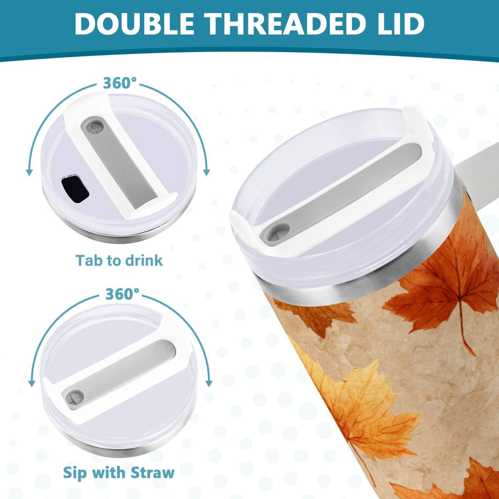 40 oz Insulated Stainless Steel Tumbler Double Wall Stainless Steel Tumbler with 2-Way Drinking Orange Autumn Leaves Pattern - Pick 734
