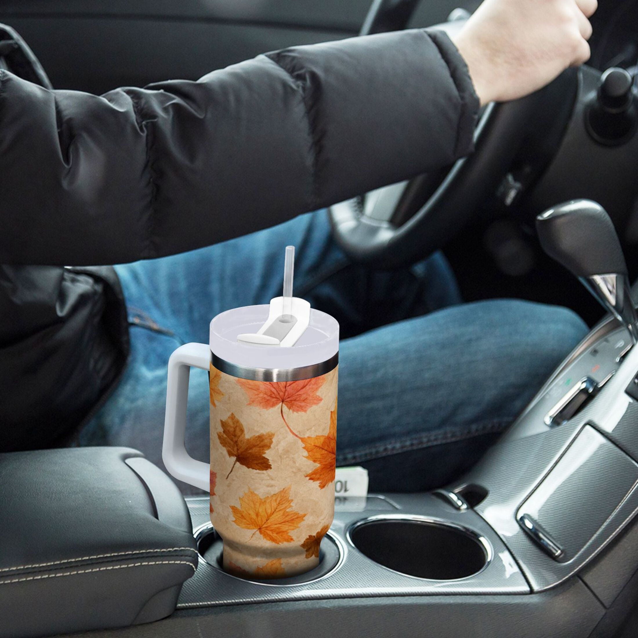 40 oz Insulated Stainless Steel Tumbler Double Wall Stainless Steel Tumbler with 2-Way Drinking Orange Autumn Leaves Pattern - Pick 734