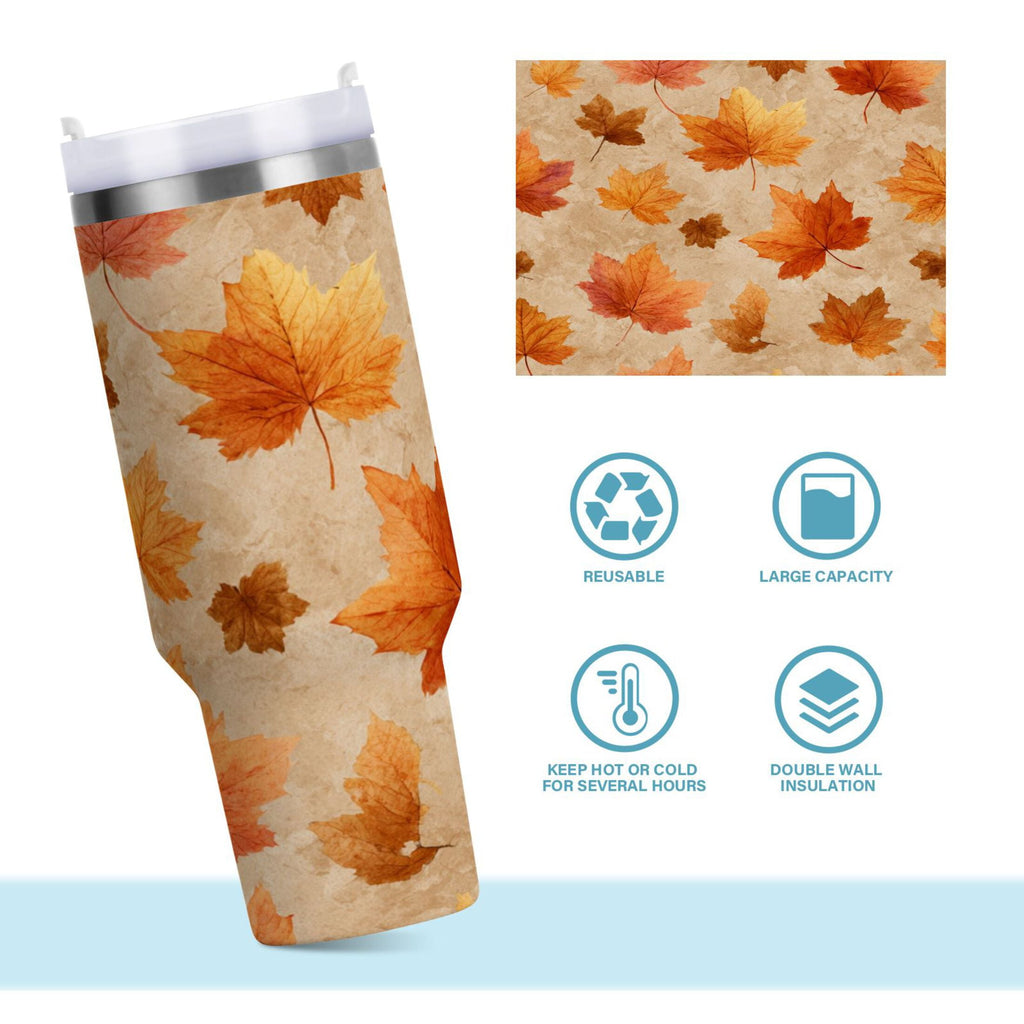 40 oz Insulated Stainless Steel Tumbler Double Wall Stainless Steel Tumbler with 2-Way Drinking Orange Autumn Leaves Pattern - Pick 734