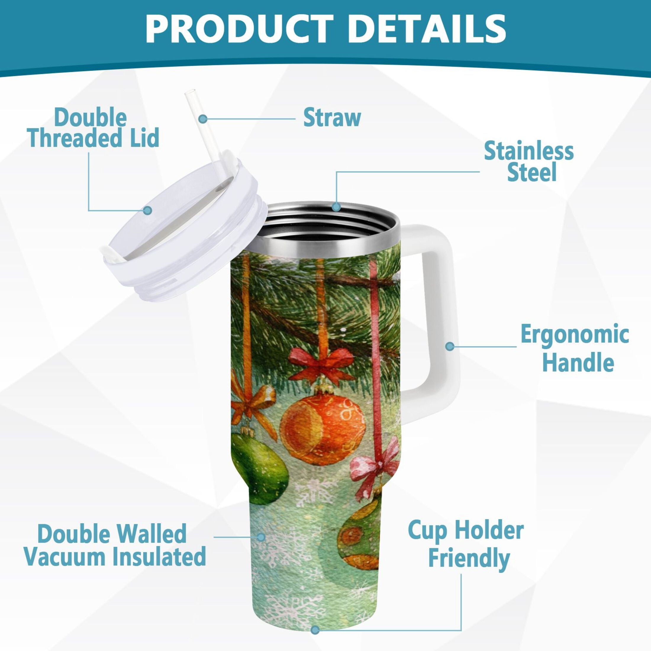 30 oz Insulated Stainless Steel Tumbler Double Wall Stainless Steel Tumbler with 2-Way Drinking Christmas Ornaments Watercolor Painting - Pick 357