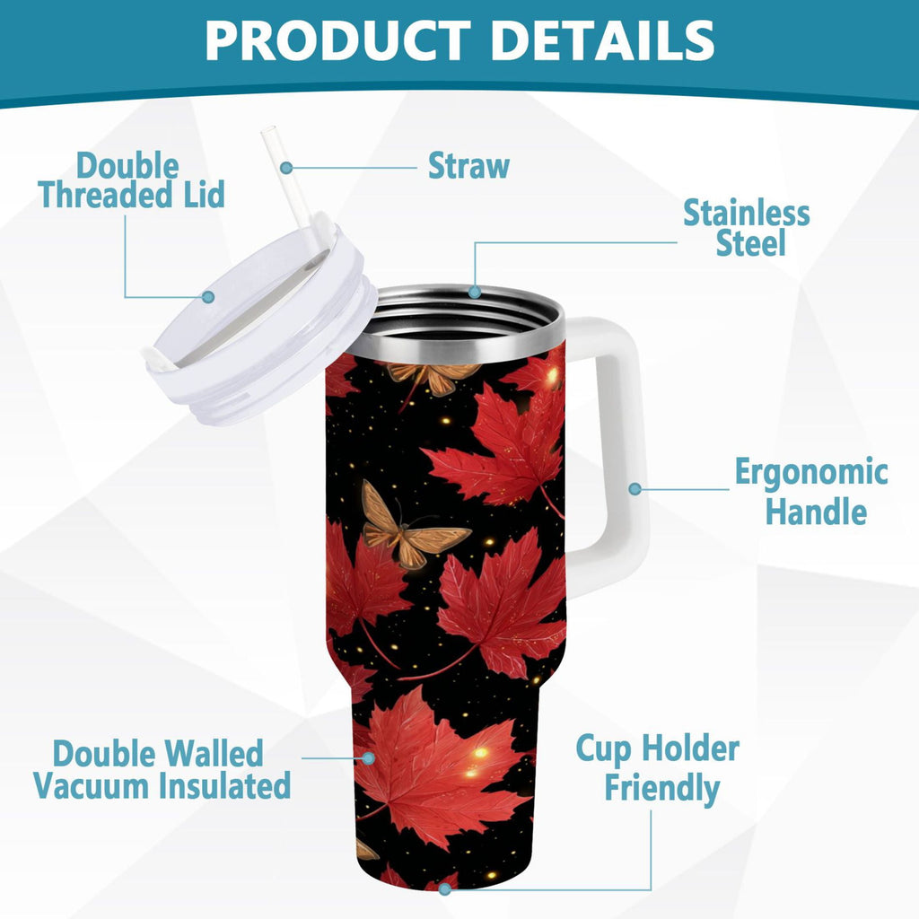 40 oz Insulated Stainless Steel Tumbler Double Wall Stainless Steel Tumbler with 2-Way Drinking Maple Leaves and Fireflies - Pick 528