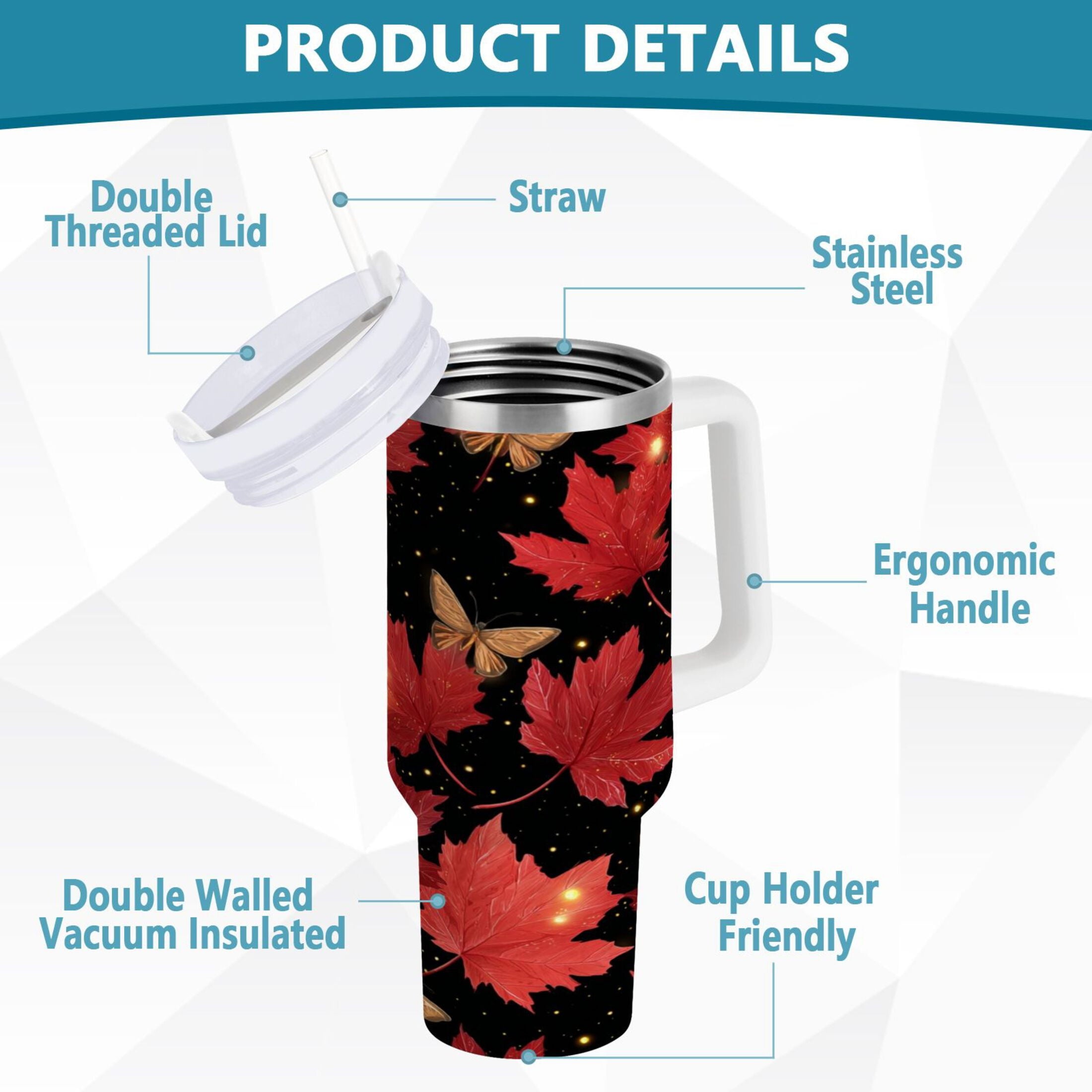 40 oz Insulated Stainless Steel Tumbler Double Wall Stainless Steel Tumbler with 2-Way Drinking Maple Leaves and Fireflies - Pick 528