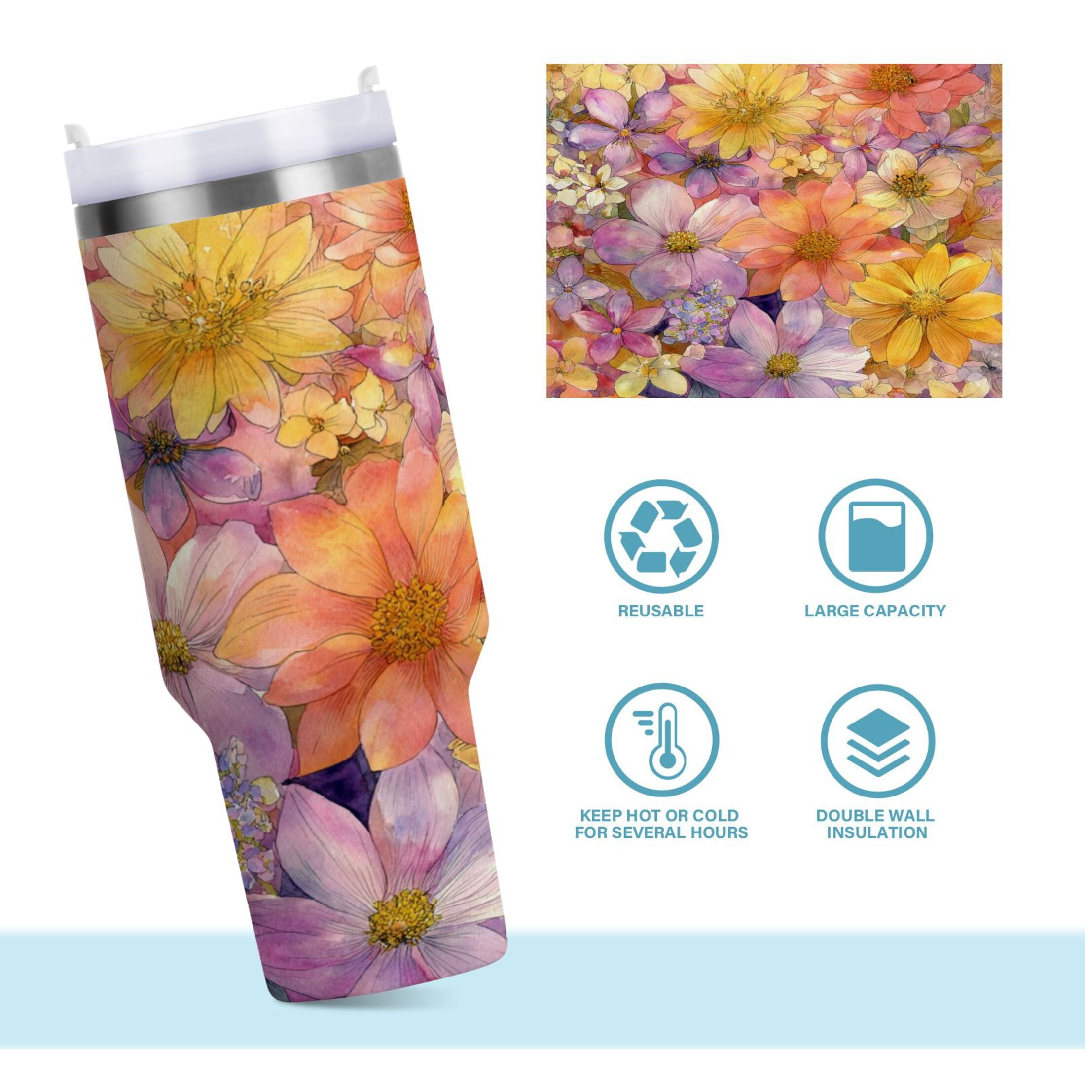 30 oz Insulated Stainless Steel Tumbler Double Wall Stainless Steel Tumbler with 2-Way Drinking Summer Blossoms - Pick 919