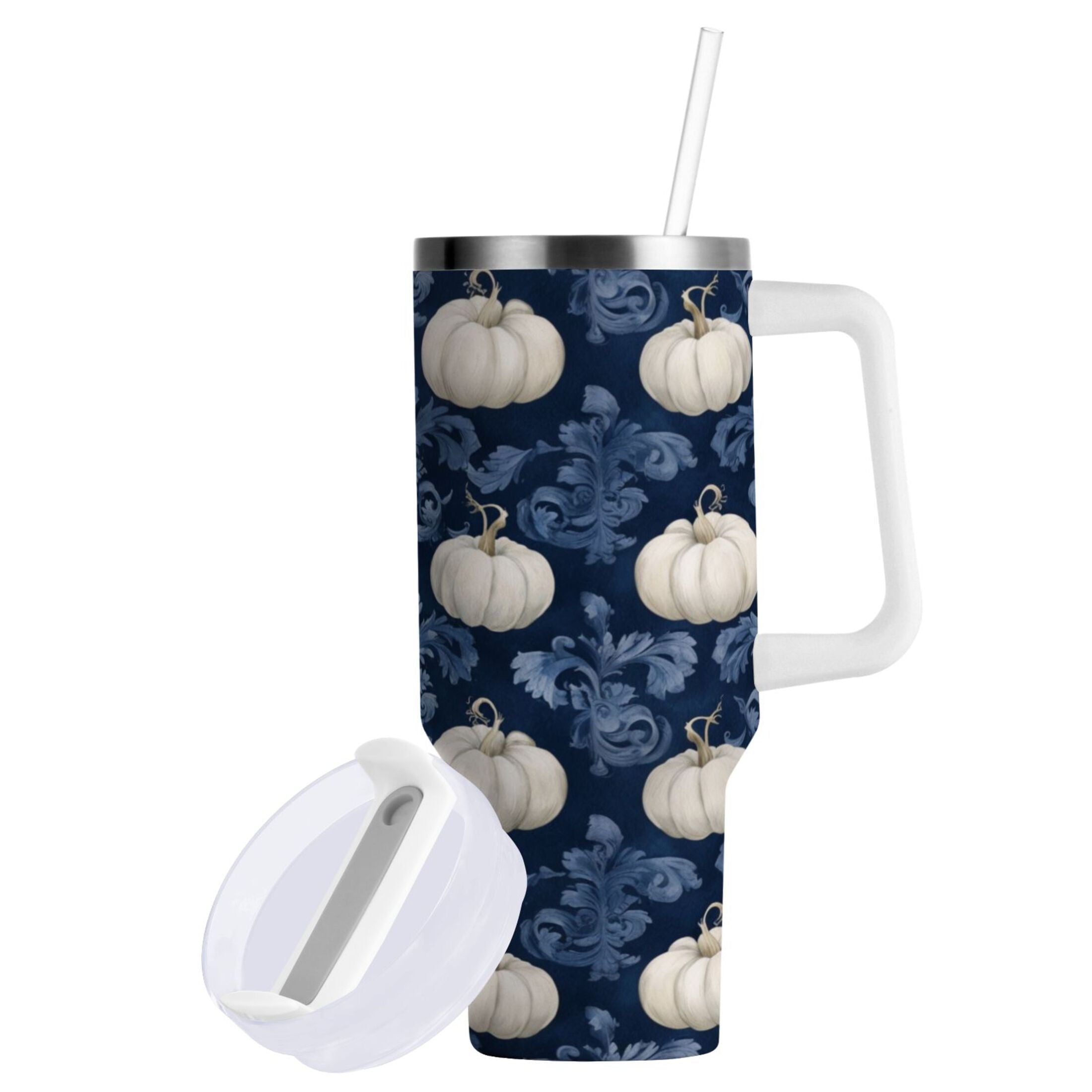 30 oz Insulated Stainless Steel Tumbler Double Wall Stainless Steel Tumbler with 2-Way Drinking Watercolor White Pumpkins - Pick 803