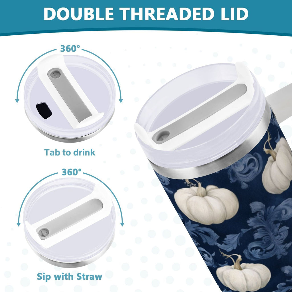 30 oz Insulated Stainless Steel Tumbler Double Wall Stainless Steel Tumbler with 2-Way Drinking Watercolor White Pumpkins - Pick 803