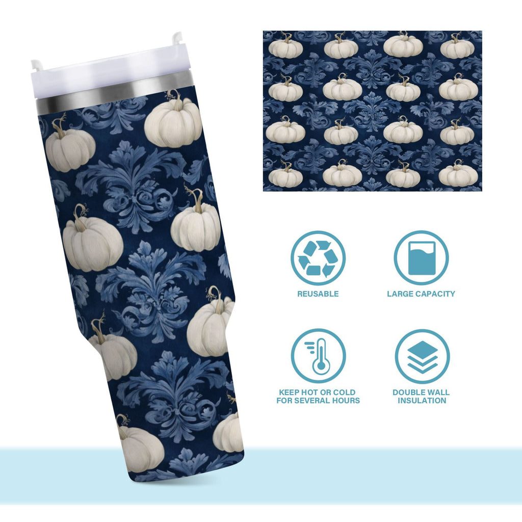 30 oz Insulated Stainless Steel Tumbler Double Wall Stainless Steel Tumbler with 2-Way Drinking Watercolor White Pumpkins - Pick 803