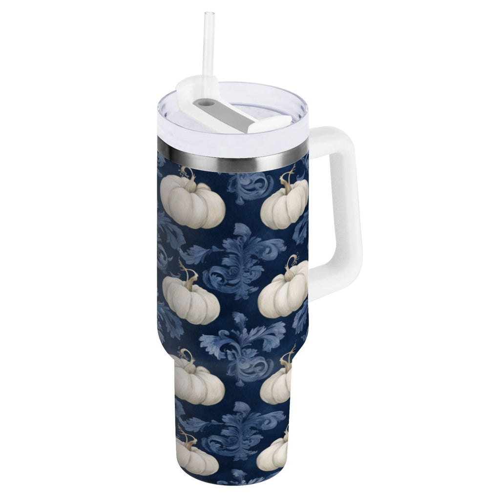30 oz Insulated Stainless Steel Tumbler Double Wall Stainless Steel Tumbler with 2-Way Drinking Watercolor White Pumpkins - Pick 803