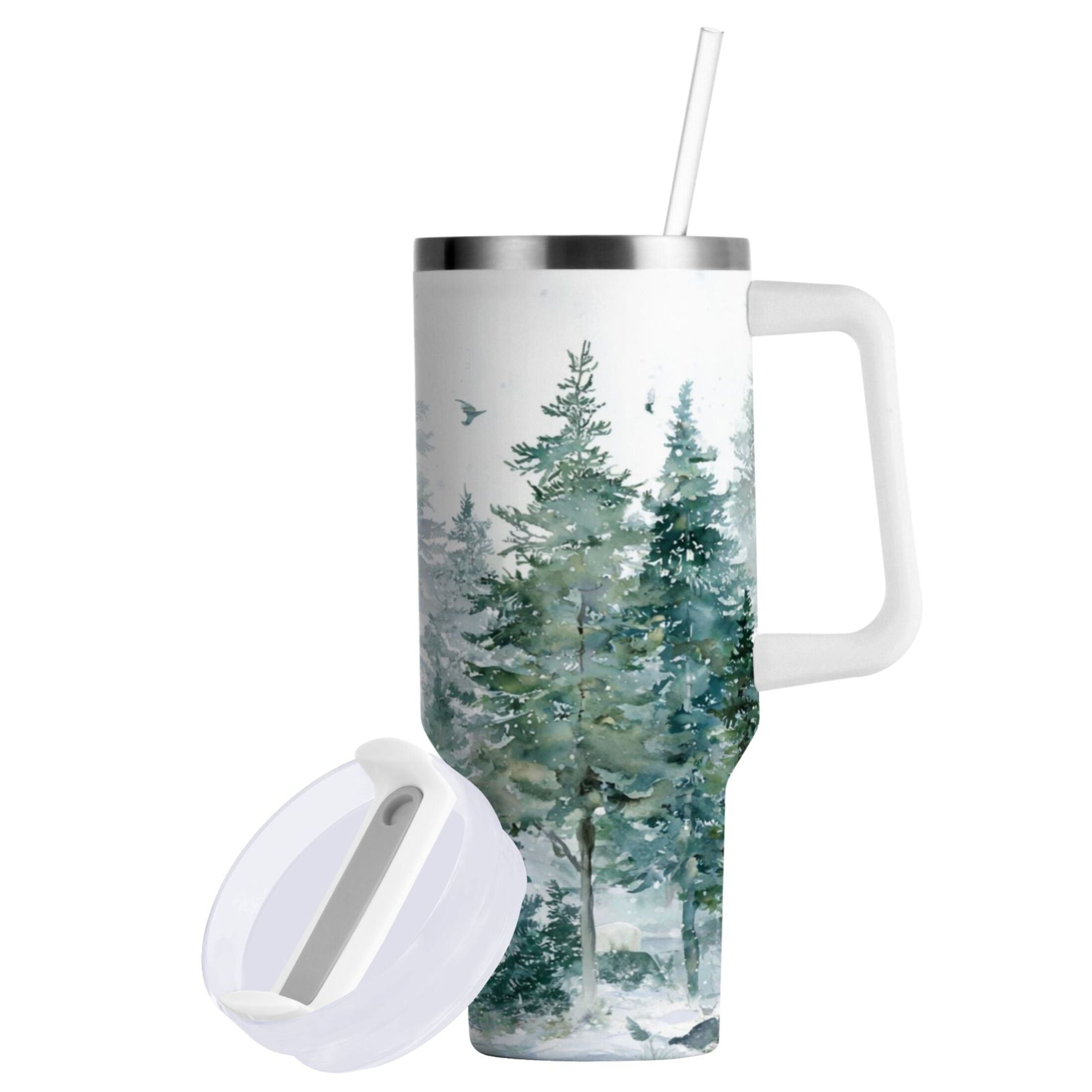 30 oz Insulated Stainless Steel Tumbler Double Wall Stainless Steel Tumbler with 2-Way Drinking Green Snowy Forest Scene - Pick 153