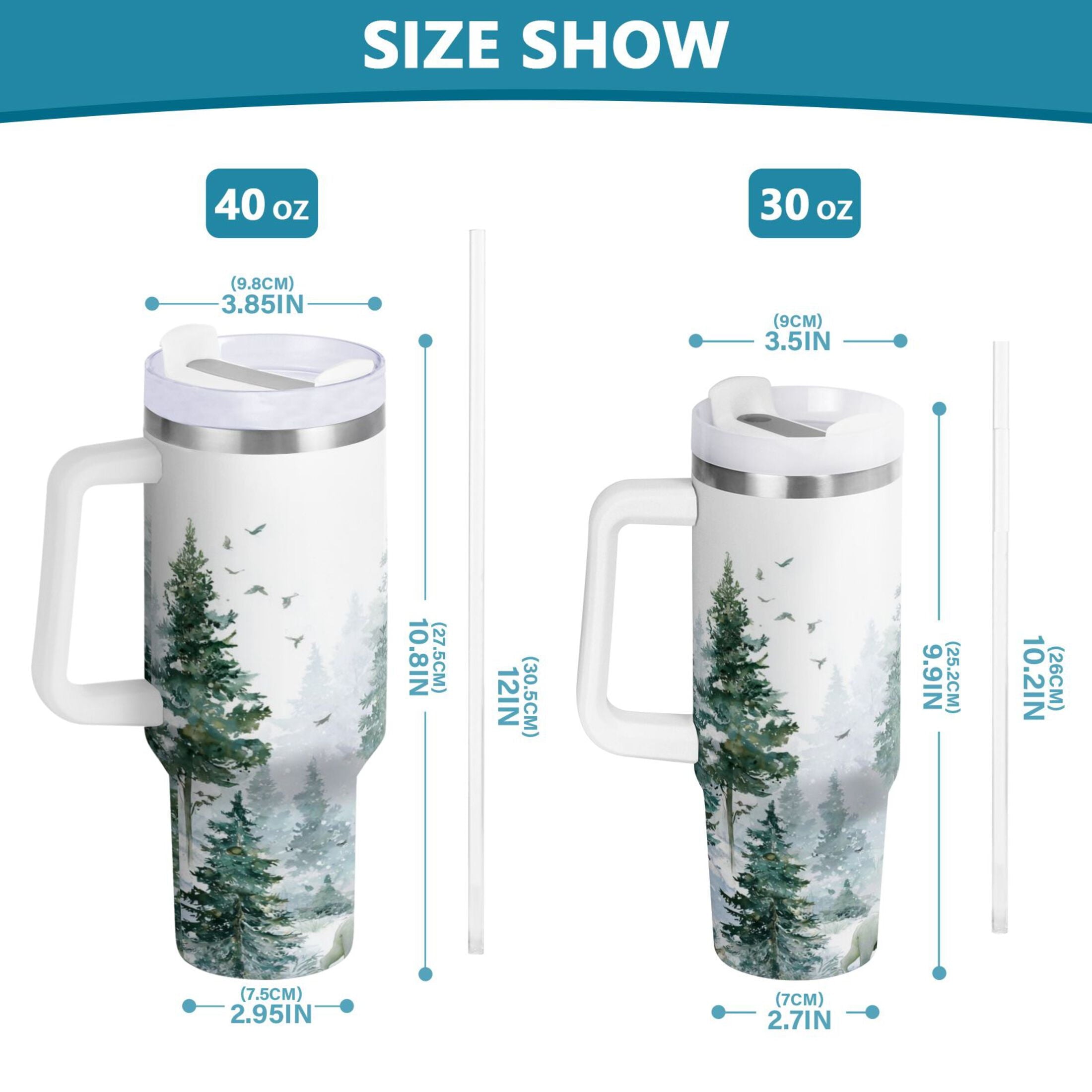 30 oz Insulated Stainless Steel Tumbler Double Wall Stainless Steel Tumbler with 2-Way Drinking Green Snowy Forest Scene - Pick 153