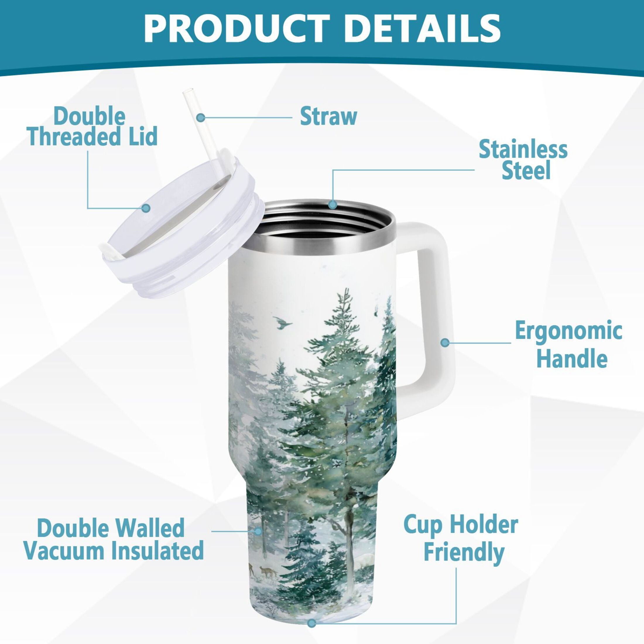 30 oz Insulated Stainless Steel Tumbler Double Wall Stainless Steel Tumbler with 2-Way Drinking Green Snowy Forest Scene - Pick 153