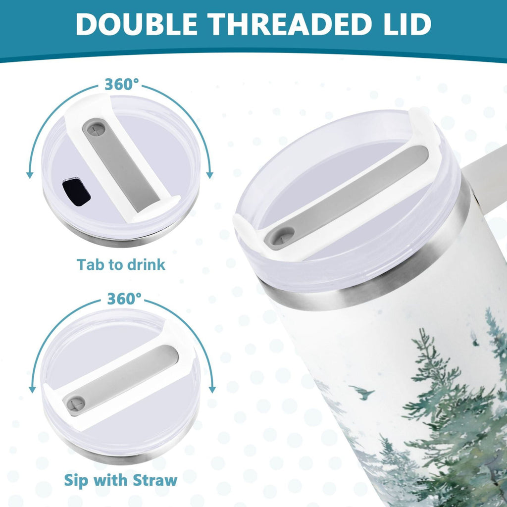 30 oz Insulated Stainless Steel Tumbler Double Wall Stainless Steel Tumbler with 2-Way Drinking Green Snowy Forest Scene - Pick 153