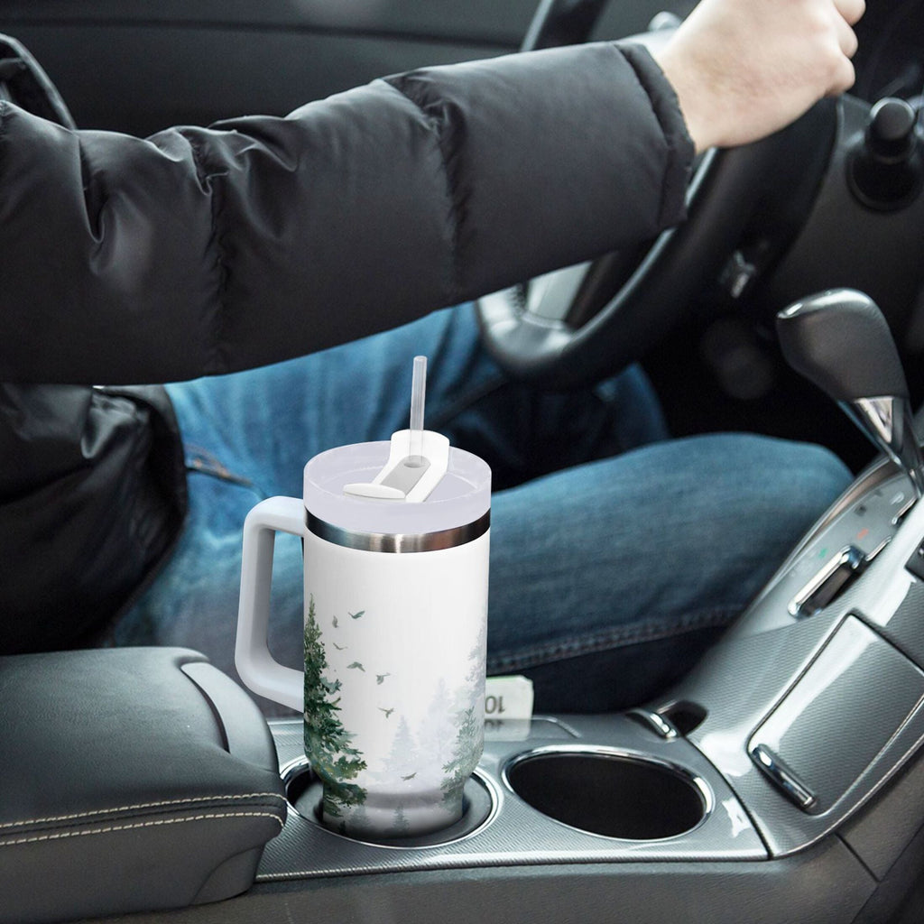 30 oz Insulated Stainless Steel Tumbler Double Wall Stainless Steel Tumbler with 2-Way Drinking Green Snowy Forest Scene - Pick 153