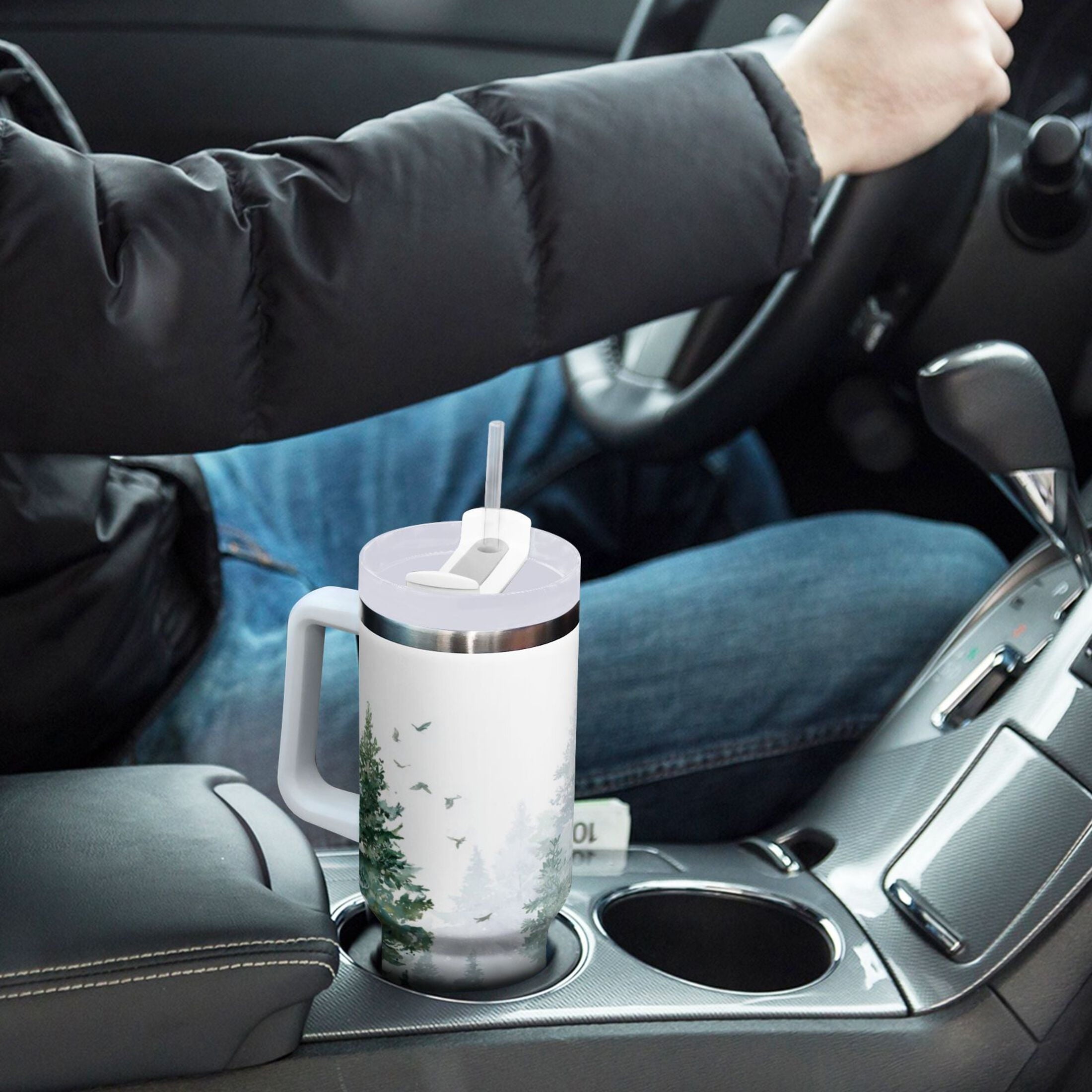 30 oz Insulated Stainless Steel Tumbler Double Wall Stainless Steel Tumbler with 2-Way Drinking Green Snowy Forest Scene - Pick 153