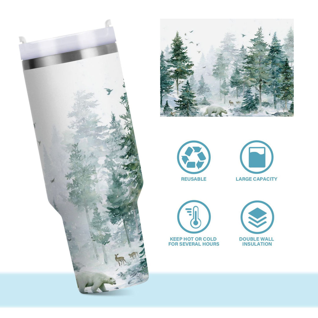 30 oz Insulated Stainless Steel Tumbler Double Wall Stainless Steel Tumbler with 2-Way Drinking Green Snowy Forest Scene - Pick 153