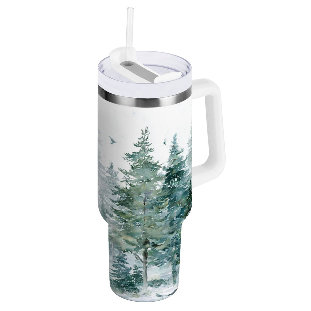 30 oz Insulated Stainless Steel Tumbler Double Wall Stainless Steel Tumbler with 2-Way Drinking Green Snowy Forest Scene - Pick 153