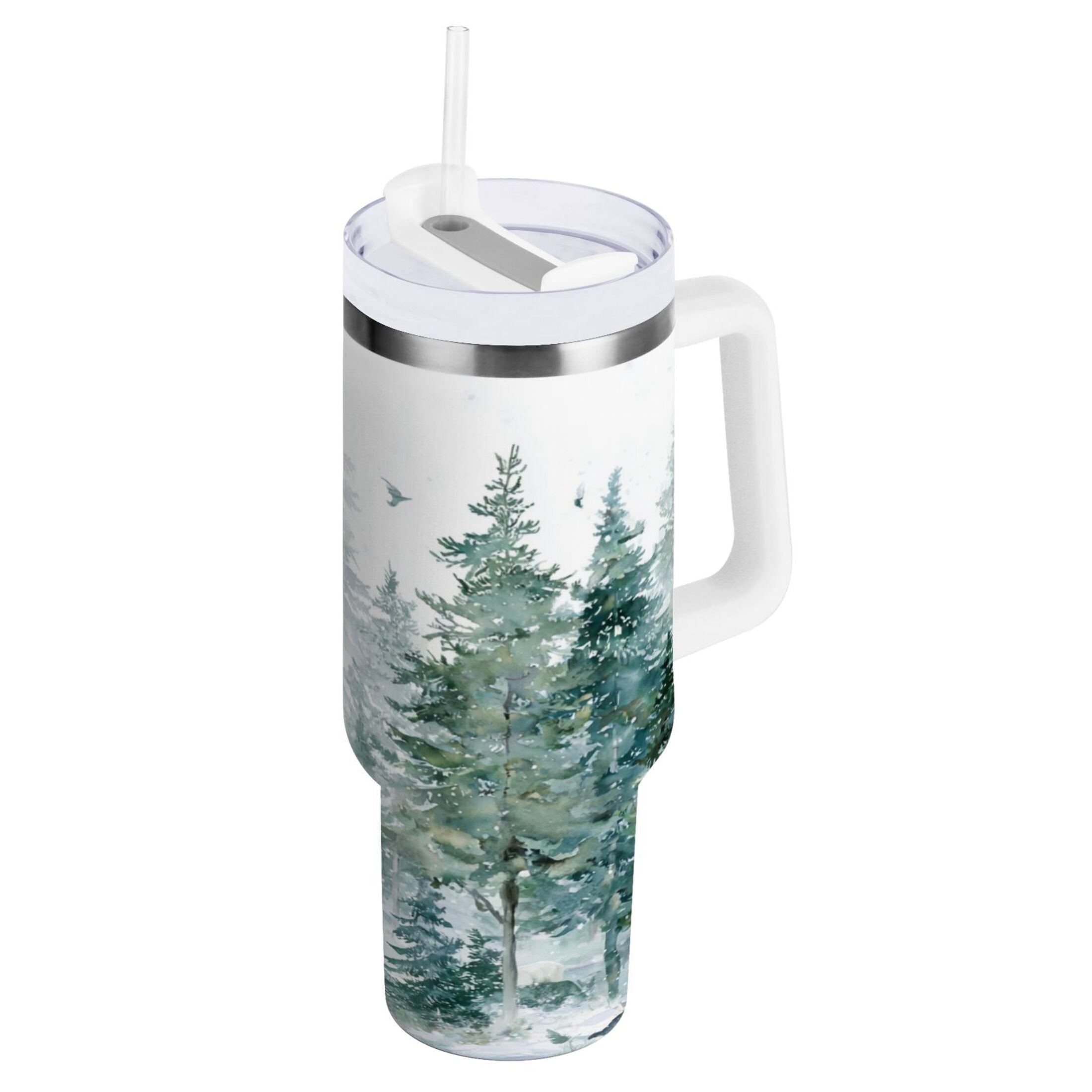 30 oz Insulated Stainless Steel Tumbler Double Wall Stainless Steel Tumbler with 2-Way Drinking Green Snowy Forest Scene - Pick 153