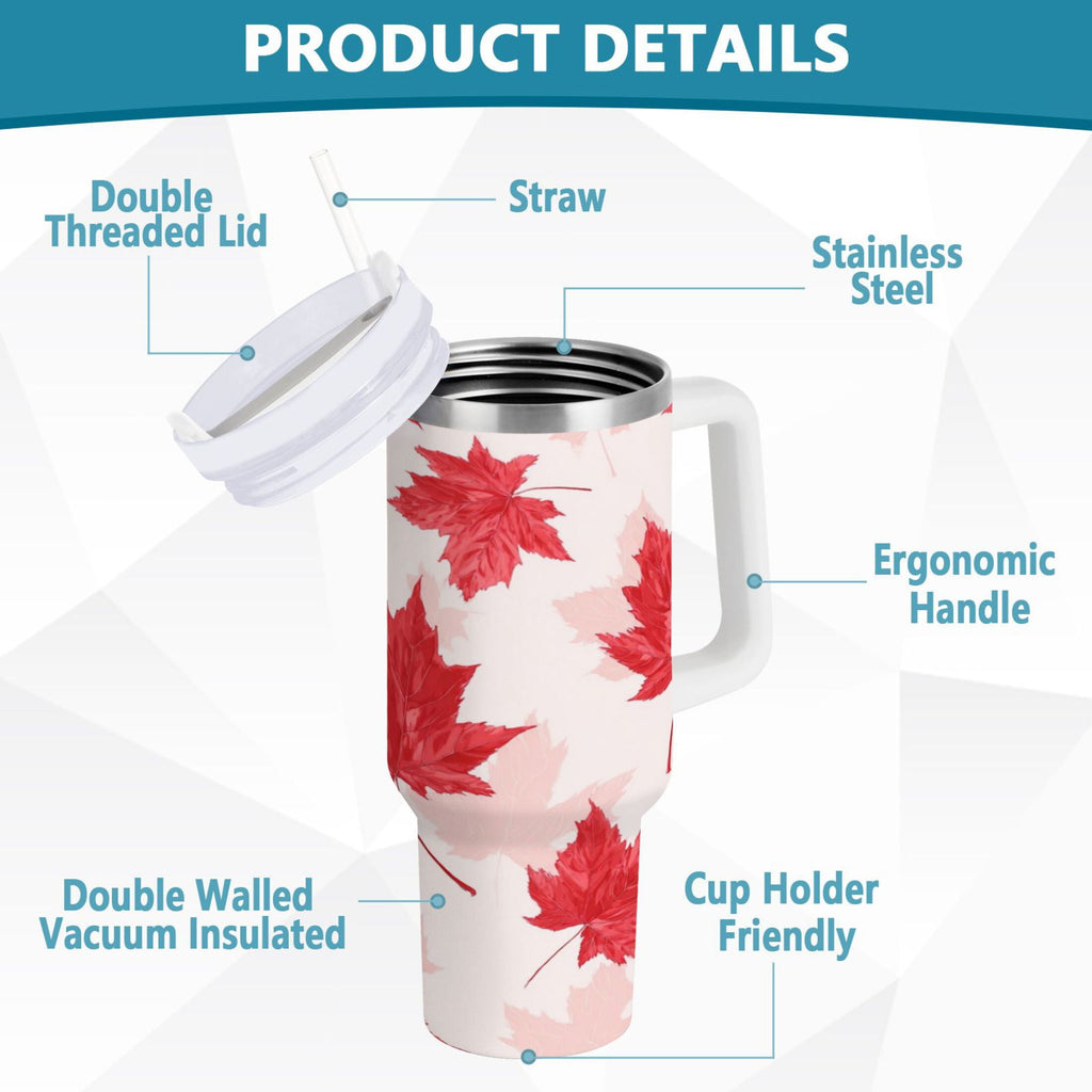 40 oz Insulated Stainless Steel Tumbler Double Wall Stainless Steel Tumbler with 2-Way Drinking Red Maple Leaves Pattern - Pick 662
