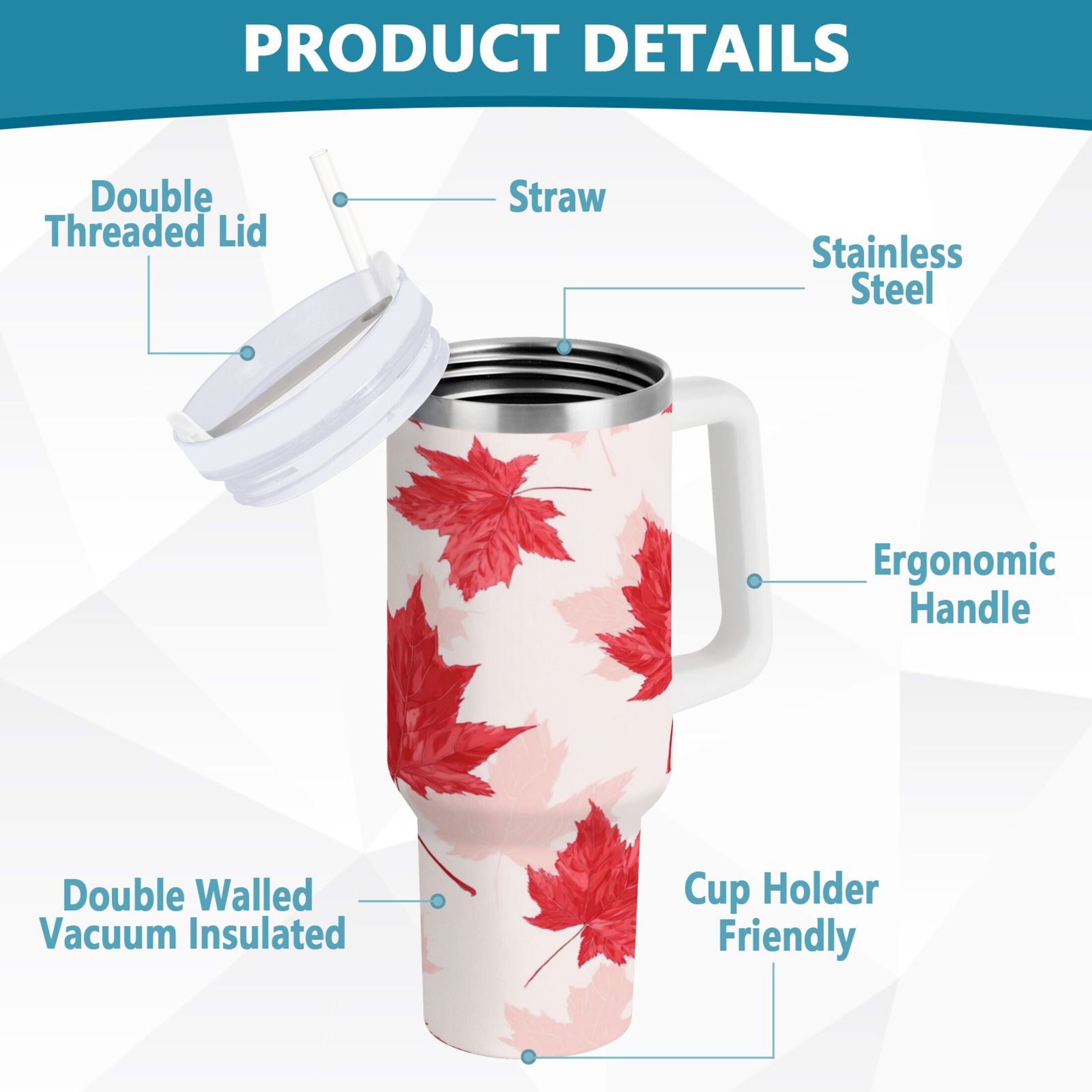 40 oz Insulated Stainless Steel Tumbler Double Wall Stainless Steel Tumbler with 2-Way Drinking Red Maple Leaves Pattern - Pick 662