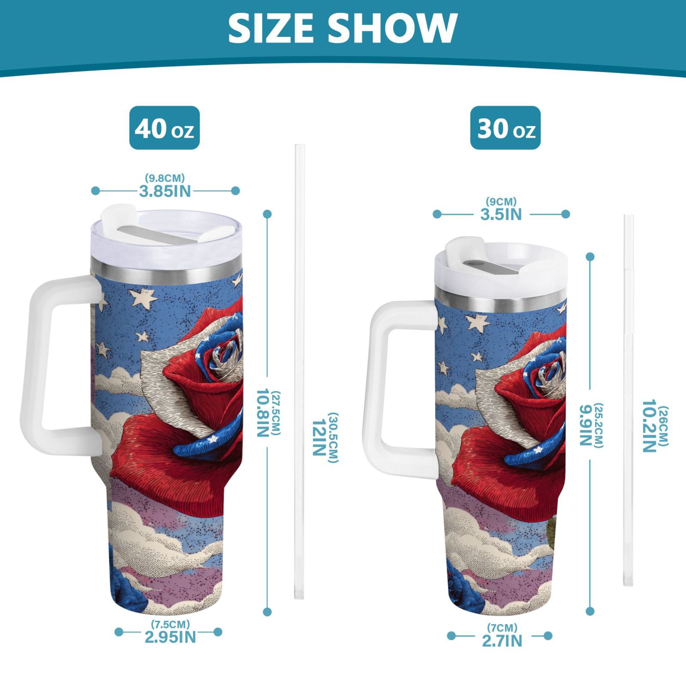 40 oz Insulated Stainless Steel Tumbler Double Wall Stainless Steel Tumbler with 2-Way Drinking Roses and Clouds - Pick 511