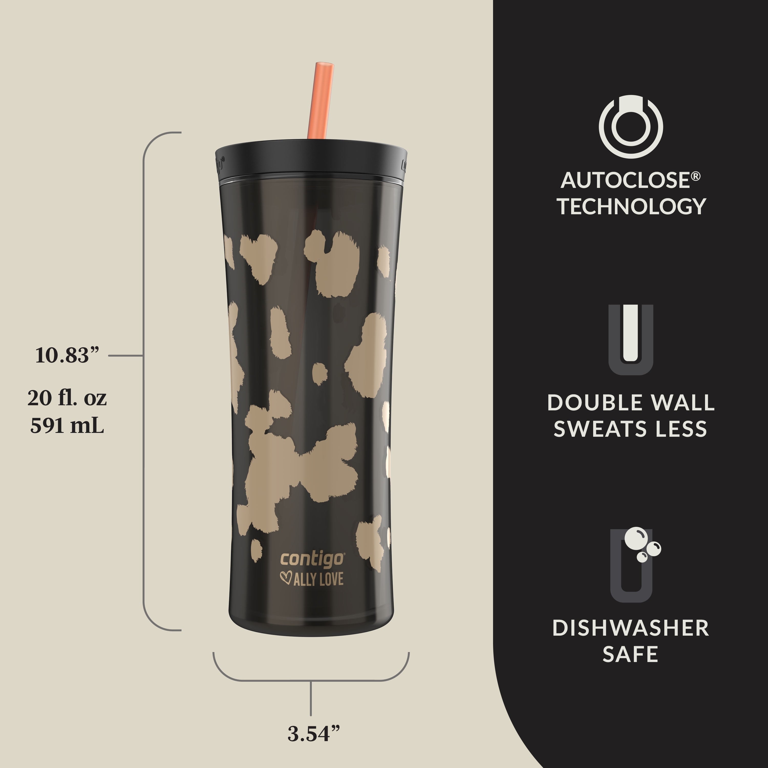 Contigo 20oz Shake &amp; Go Tumbler, Plastic with Straw, Licorice Cowhide Couture - Pick 787