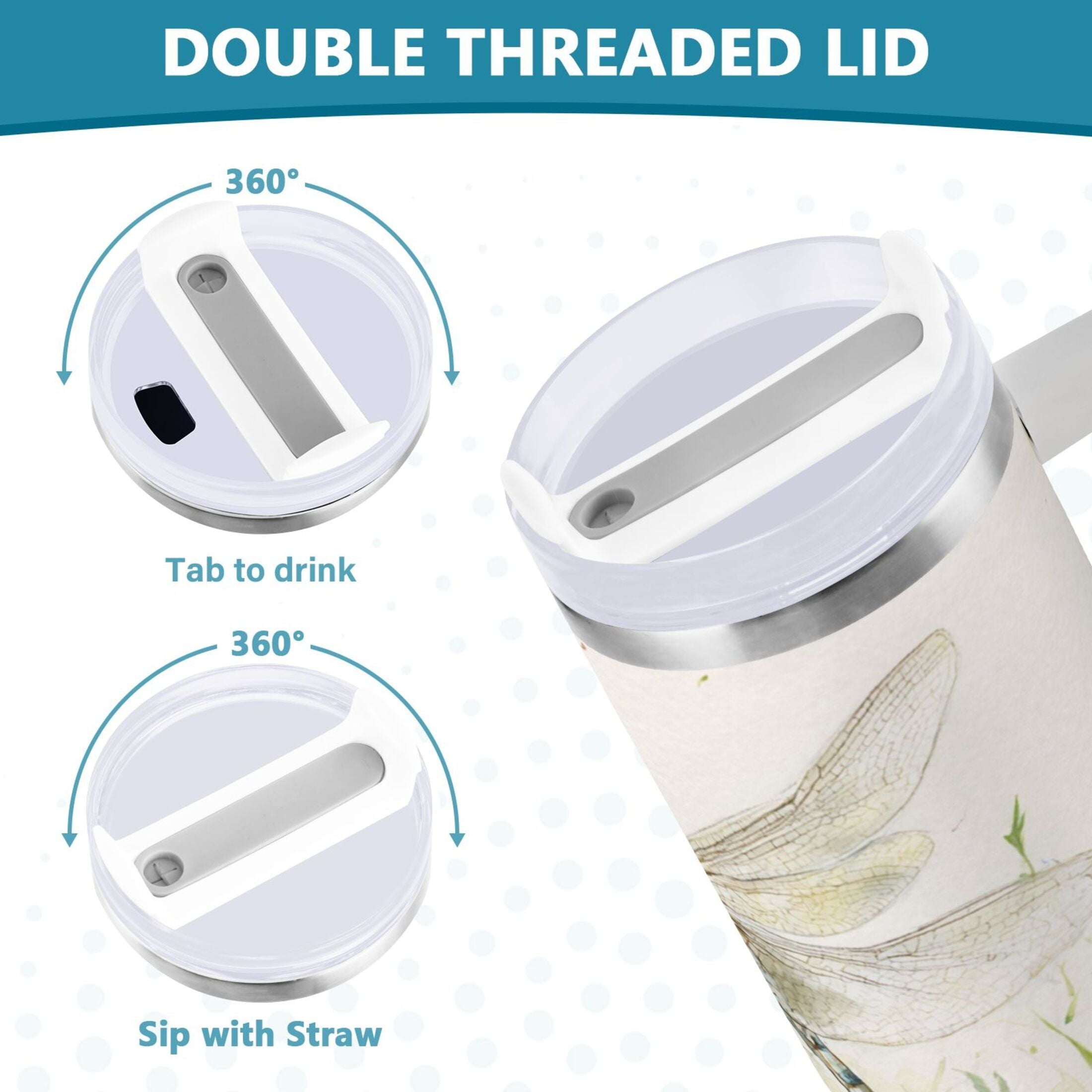 30 oz Insulated Stainless Steel Tumbler Double Wall Stainless Steel Tumbler with 2-Way Drinking Dragonflies with White Daisies - Pick 586