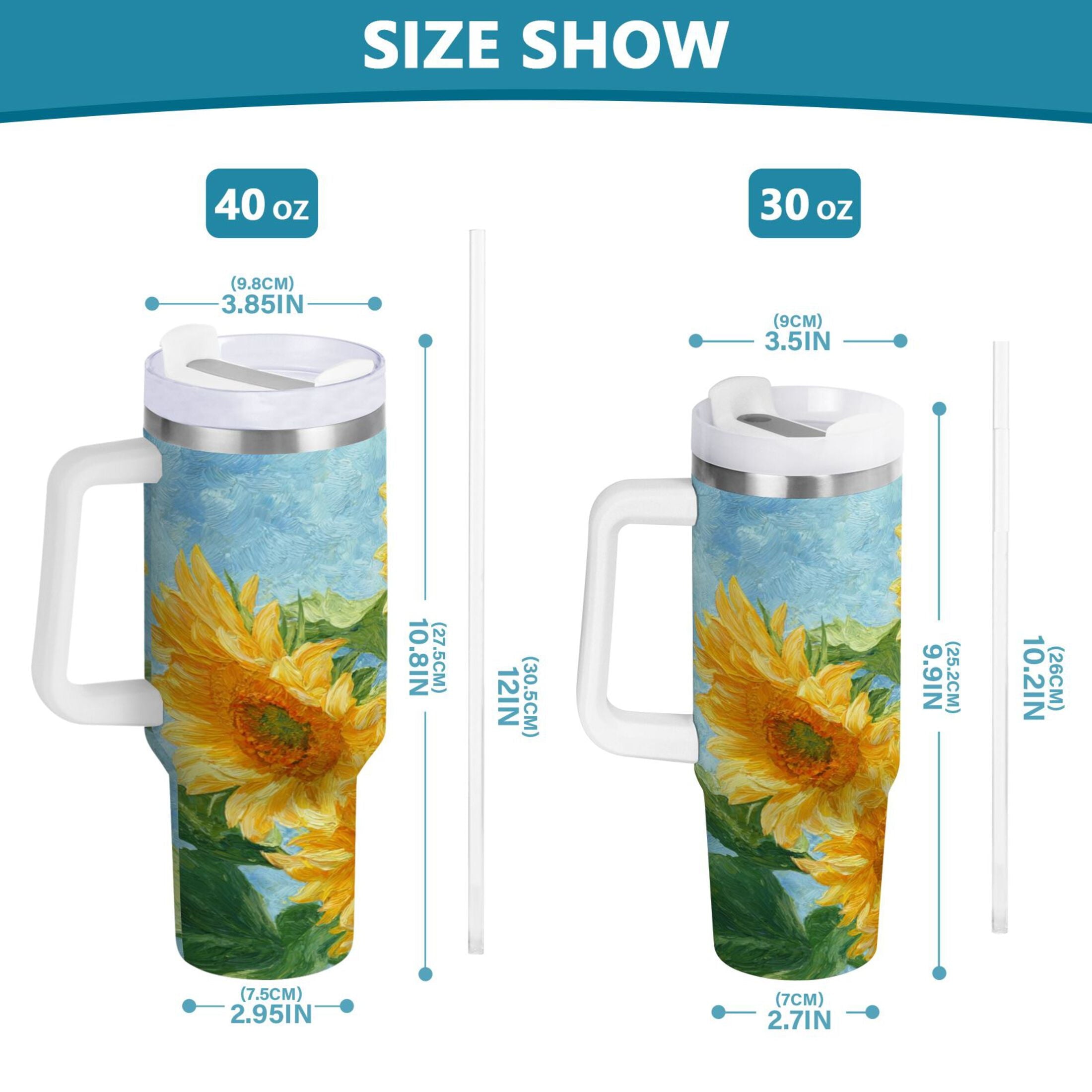 40 oz Insulated Stainless Steel Tumbler Double Wall Stainless Steel Tumbler with 2-Way Drinking Sunflower Oil Painting - Pick 362