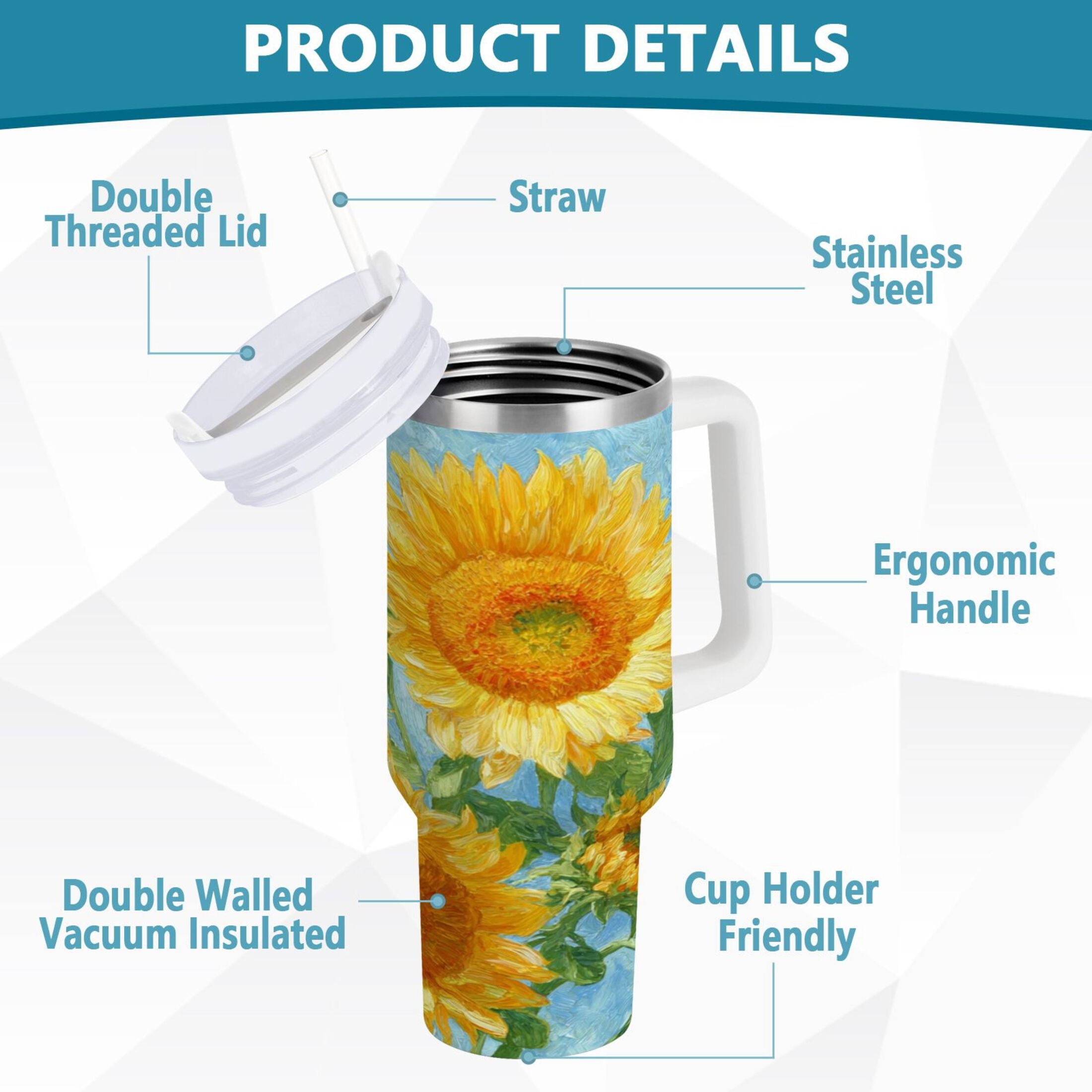 40 oz Insulated Stainless Steel Tumbler Double Wall Stainless Steel Tumbler with 2-Way Drinking Sunflower Oil Painting - Pick 362