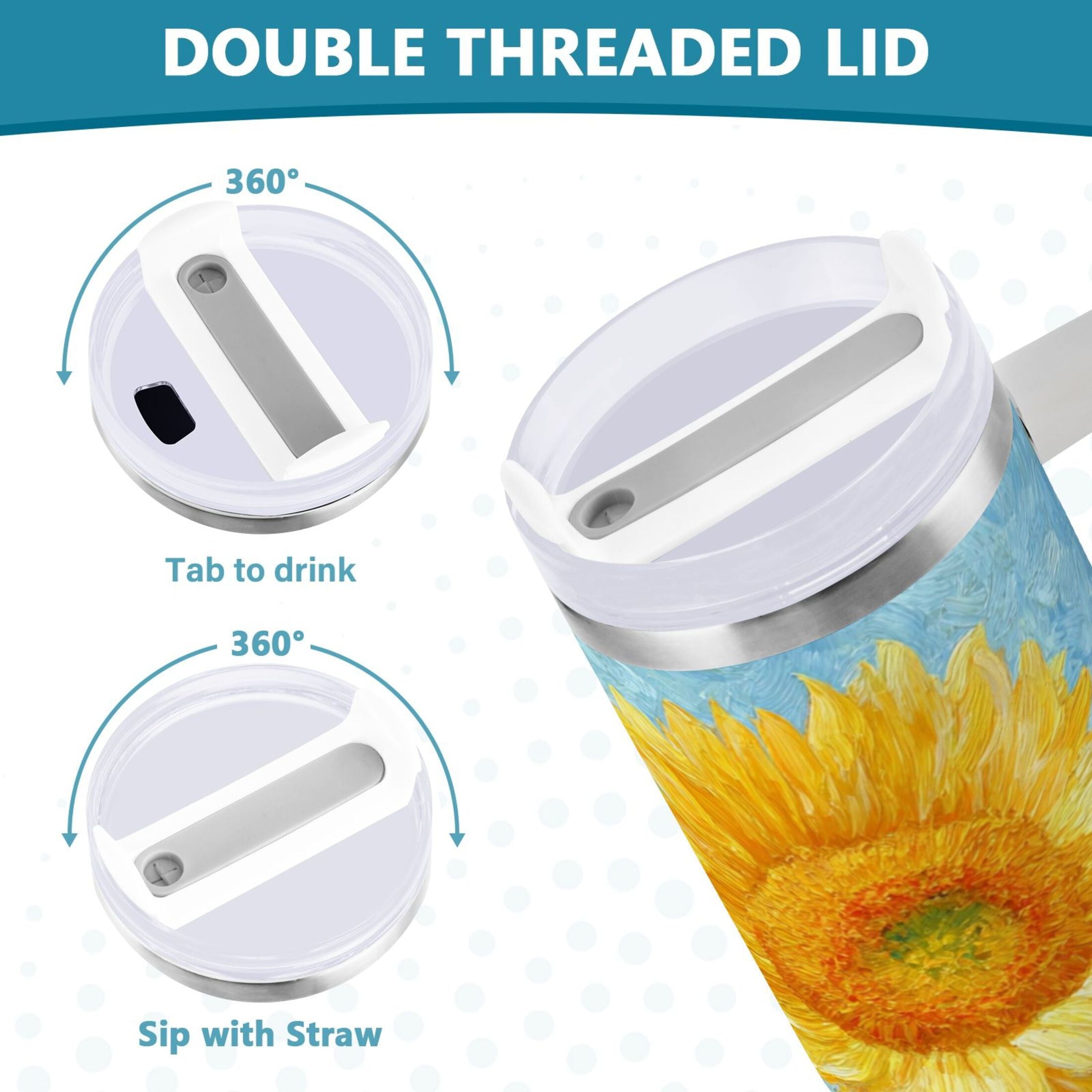40 oz Insulated Stainless Steel Tumbler Double Wall Stainless Steel Tumbler with 2-Way Drinking Sunflower Oil Painting - Pick 362