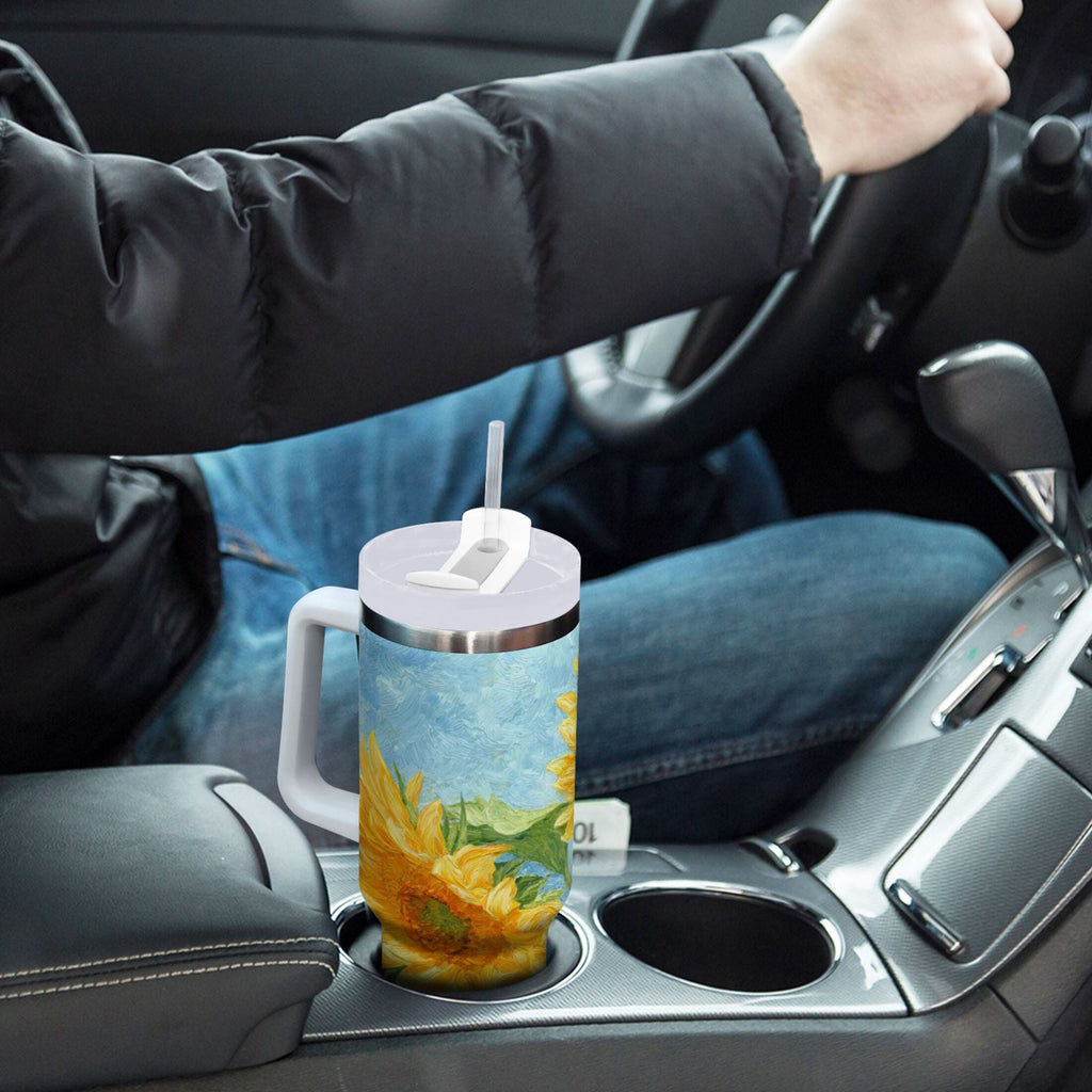 40 oz Insulated Stainless Steel Tumbler Double Wall Stainless Steel Tumbler with 2-Way Drinking Sunflower Oil Painting - Pick 362