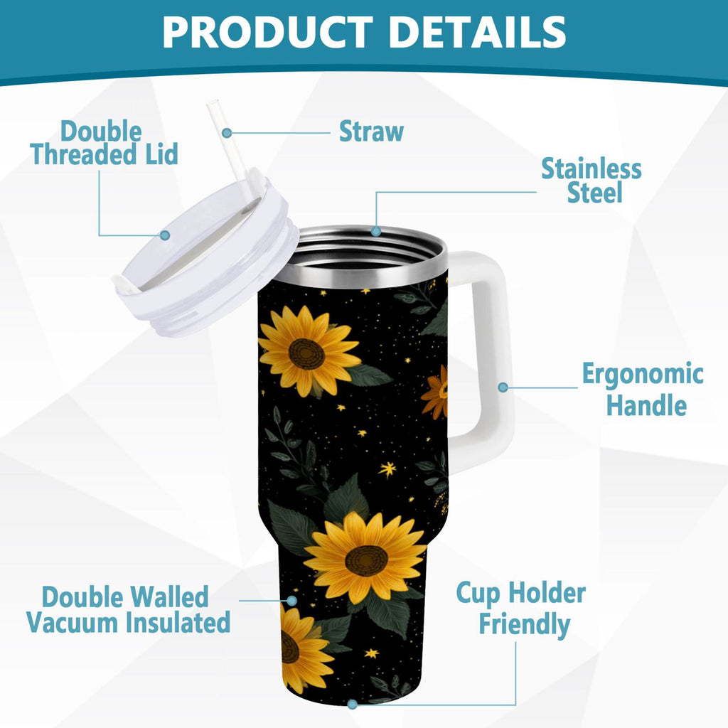 30 oz Insulated Stainless Steel Tumbler Double Wall Stainless Steel Tumbler with 2-Way Drinking Yellow Sunflower Pattern - Pick 808