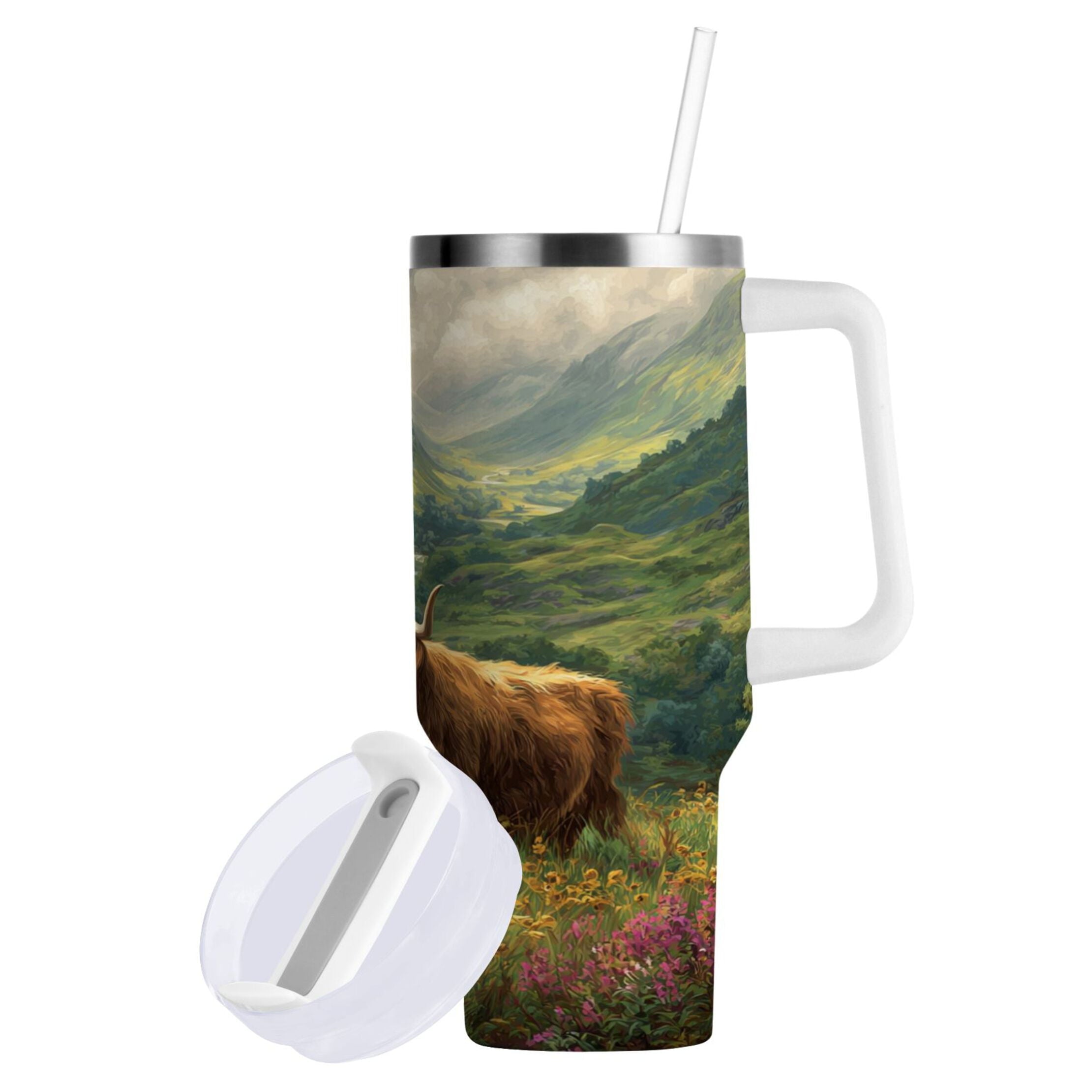 30 oz Insulated Stainless Steel Tumbler Double Wall Stainless Steel Tumbler with 2-Way Drinking Cow in Green Rolling Hills - Pick 393